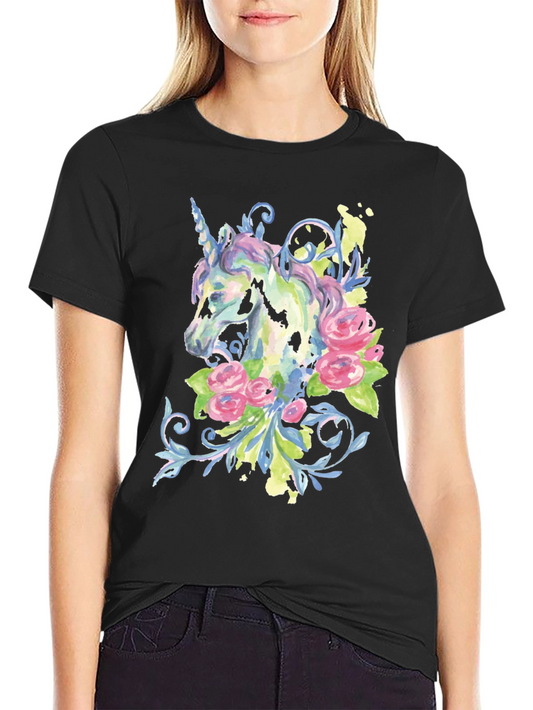 Unicorn Floral Graphic Black T-Shirt