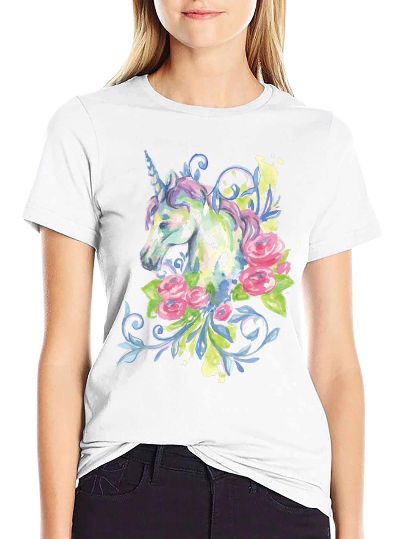 Unicorn Floral Graphic Black T-Shirt