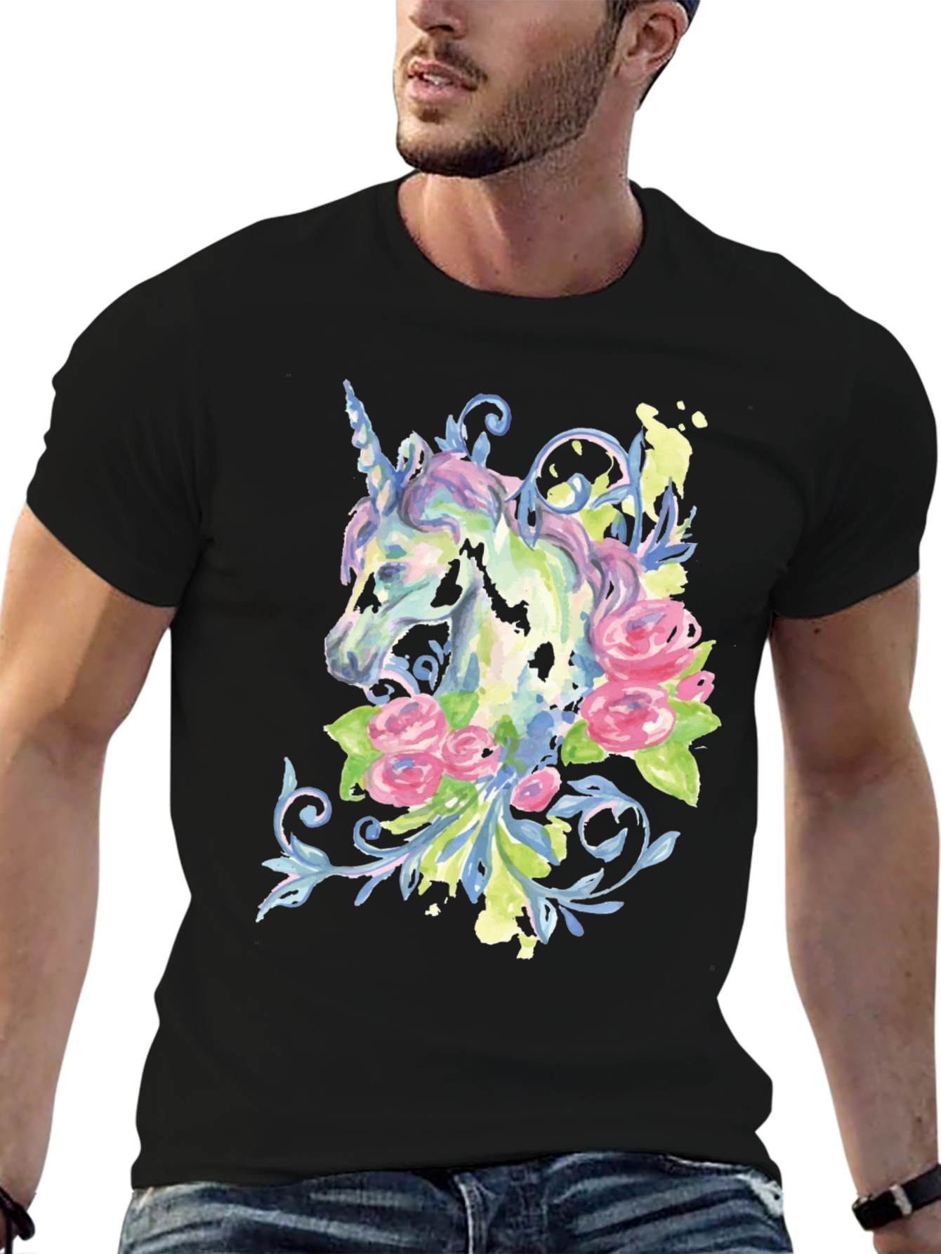 Unicorn Floral Graphic Black T-Shirt
