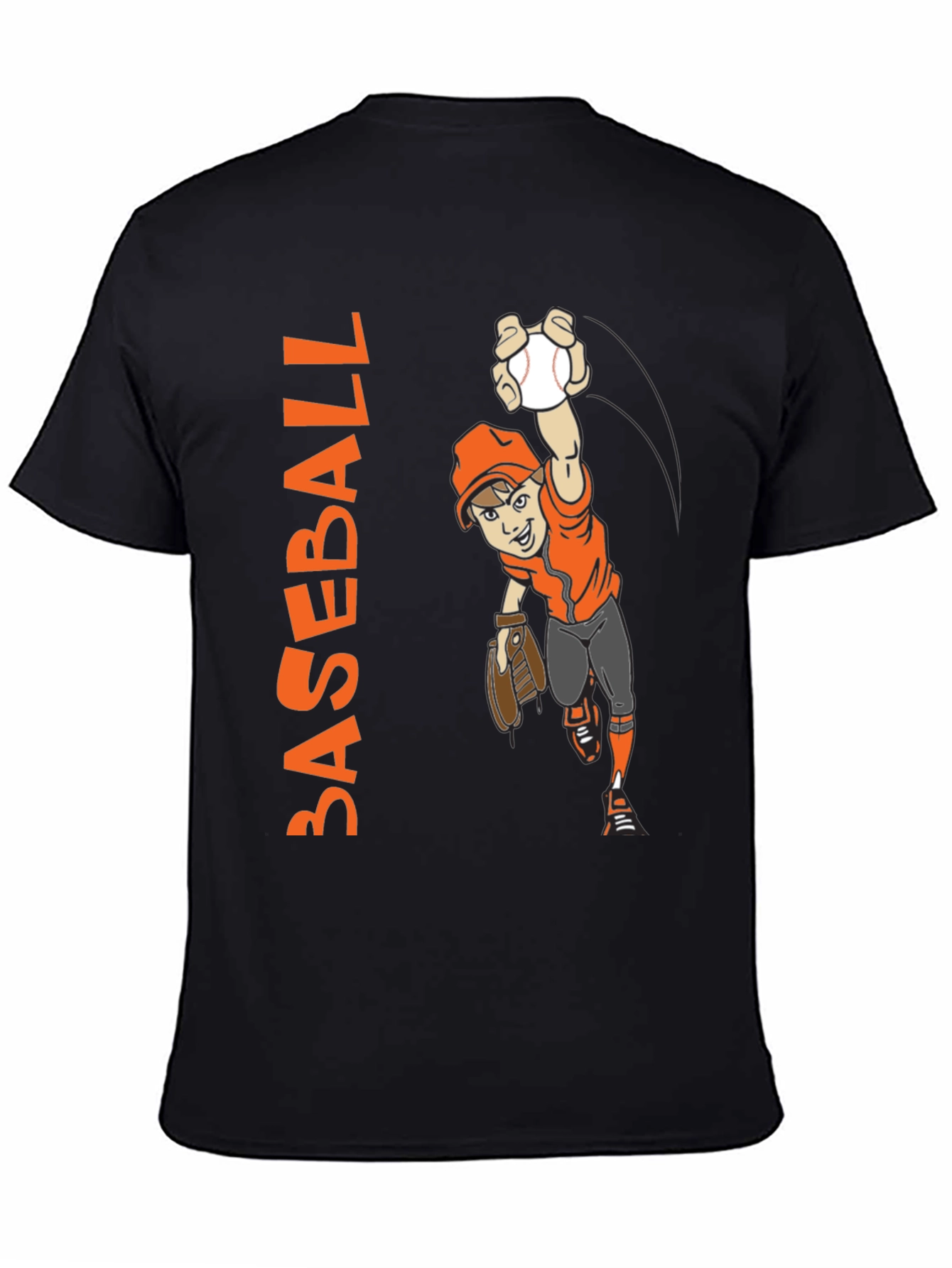 Baseball Cartoon Graphic Tee - Black Cotton T-Shirt