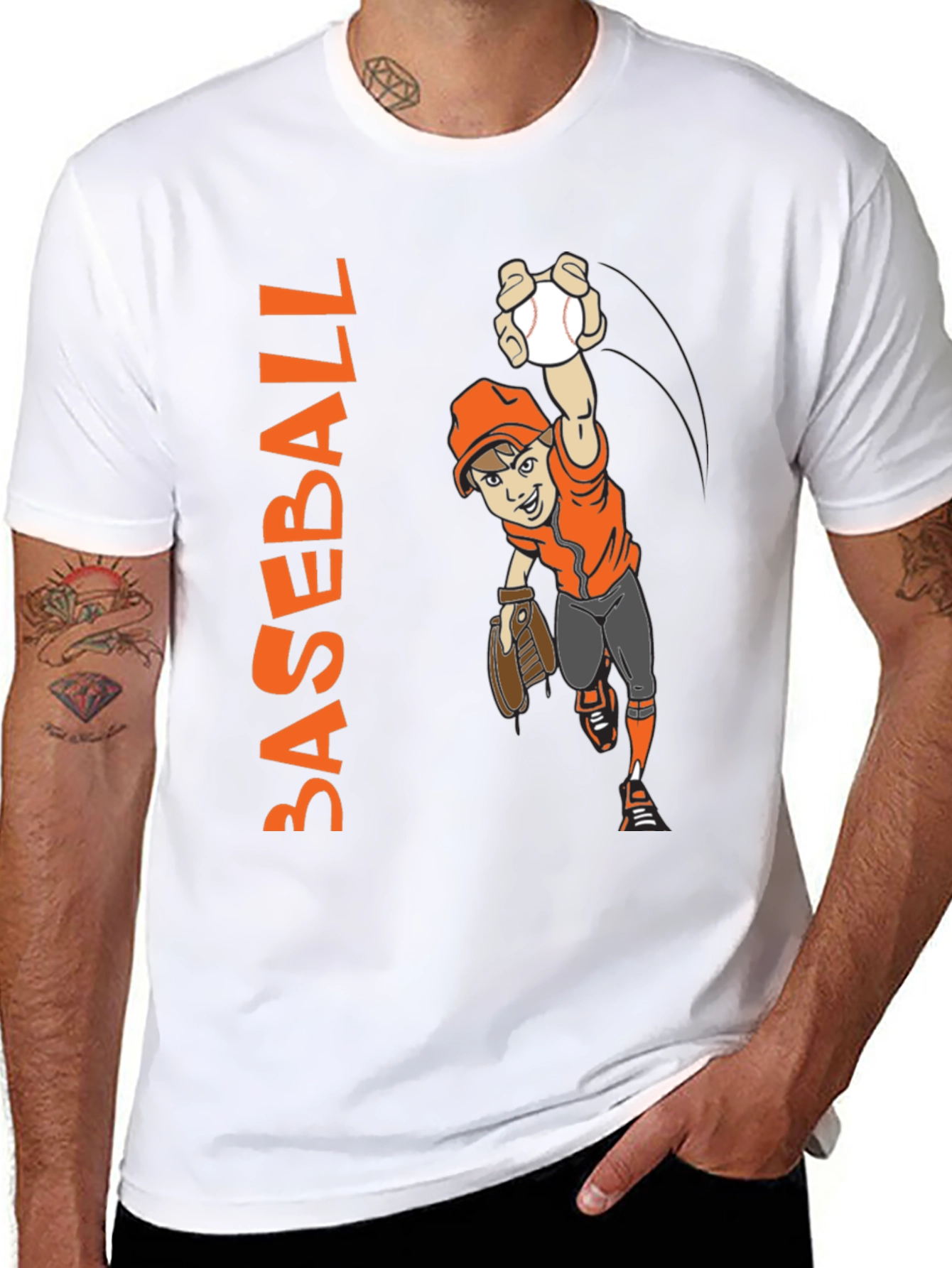 Baseball Cartoon Graphic Tee - Black Cotton T-Shirt