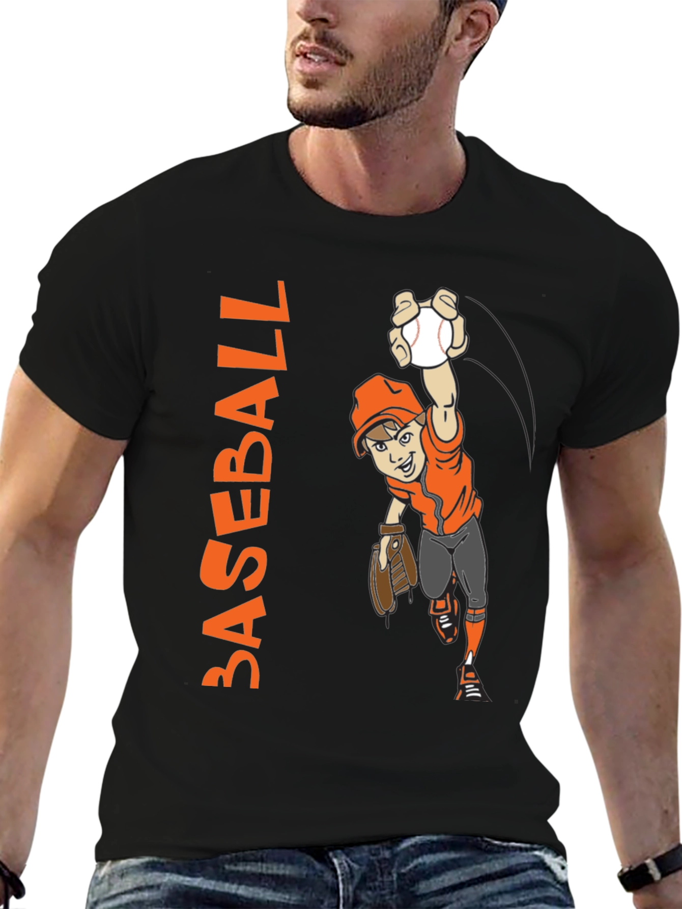 Baseball Cartoon Graphic Tee - Black Cotton T-Shirt