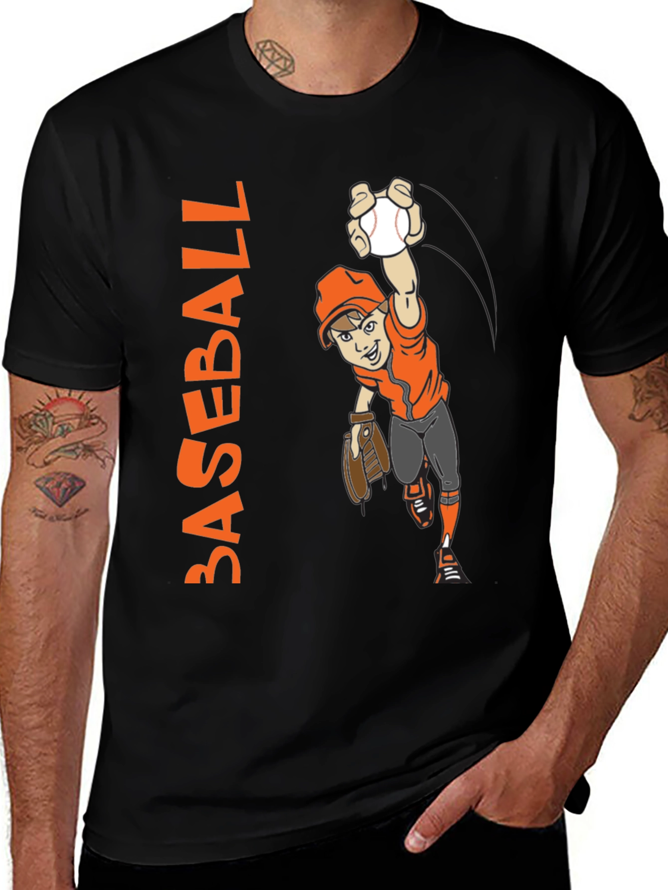 Baseball Cartoon Graphic Tee - Black Cotton T-Shirt
