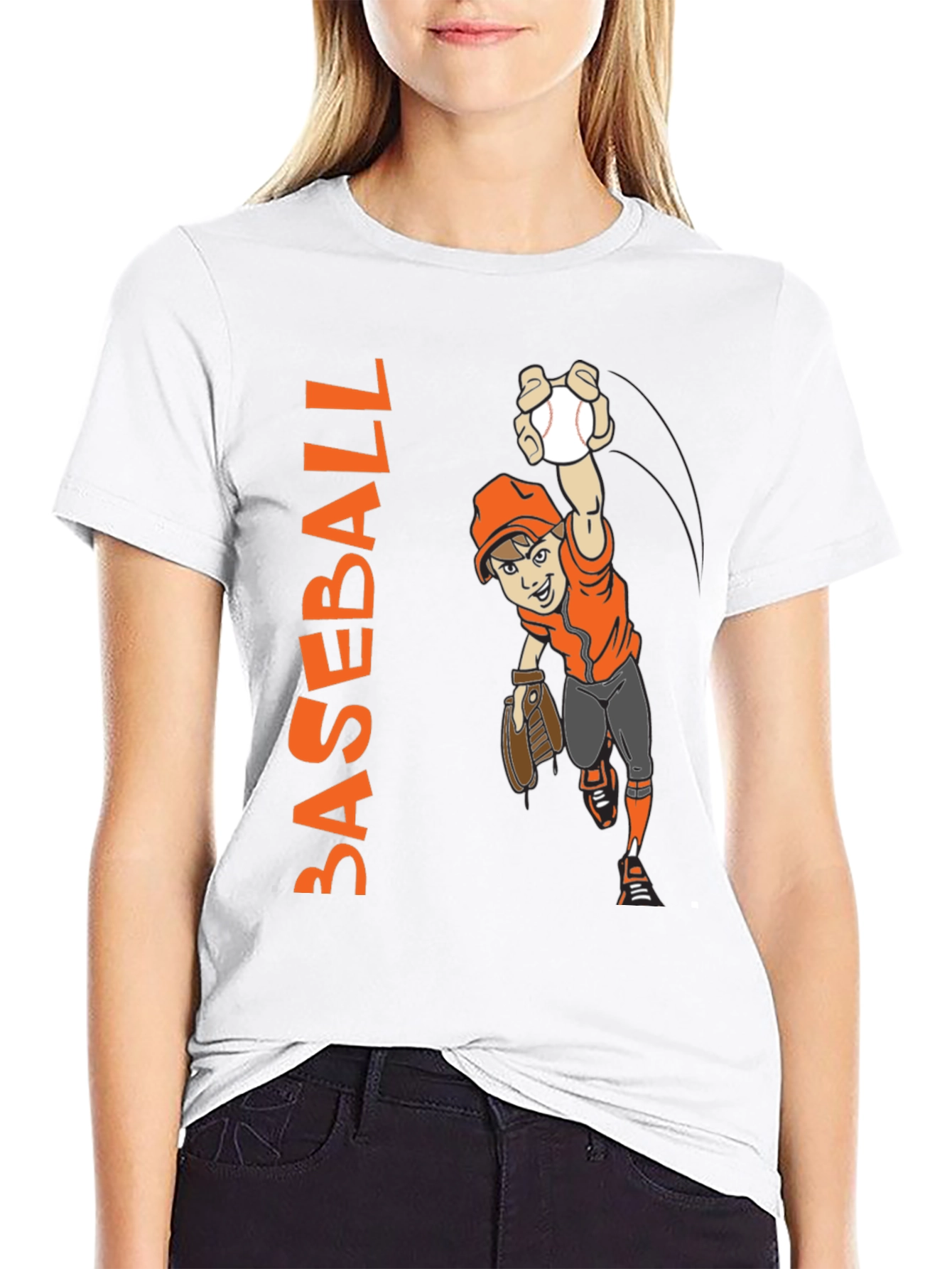 Baseball Cartoon Graphic Tee - Black Cotton T-Shirt