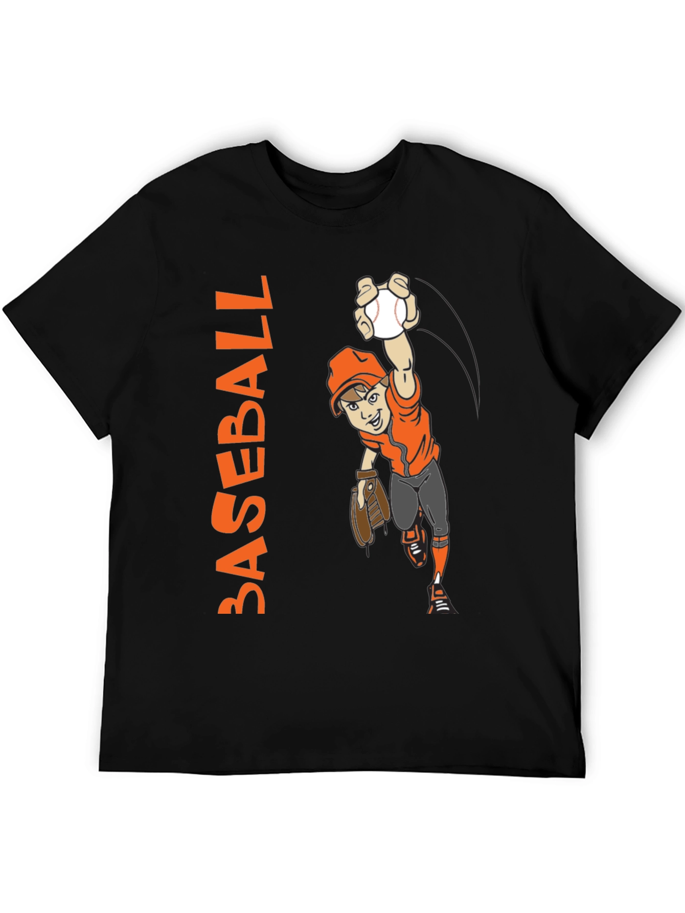 Baseball Cartoon Graphic Tee - Black Cotton T-Shirt