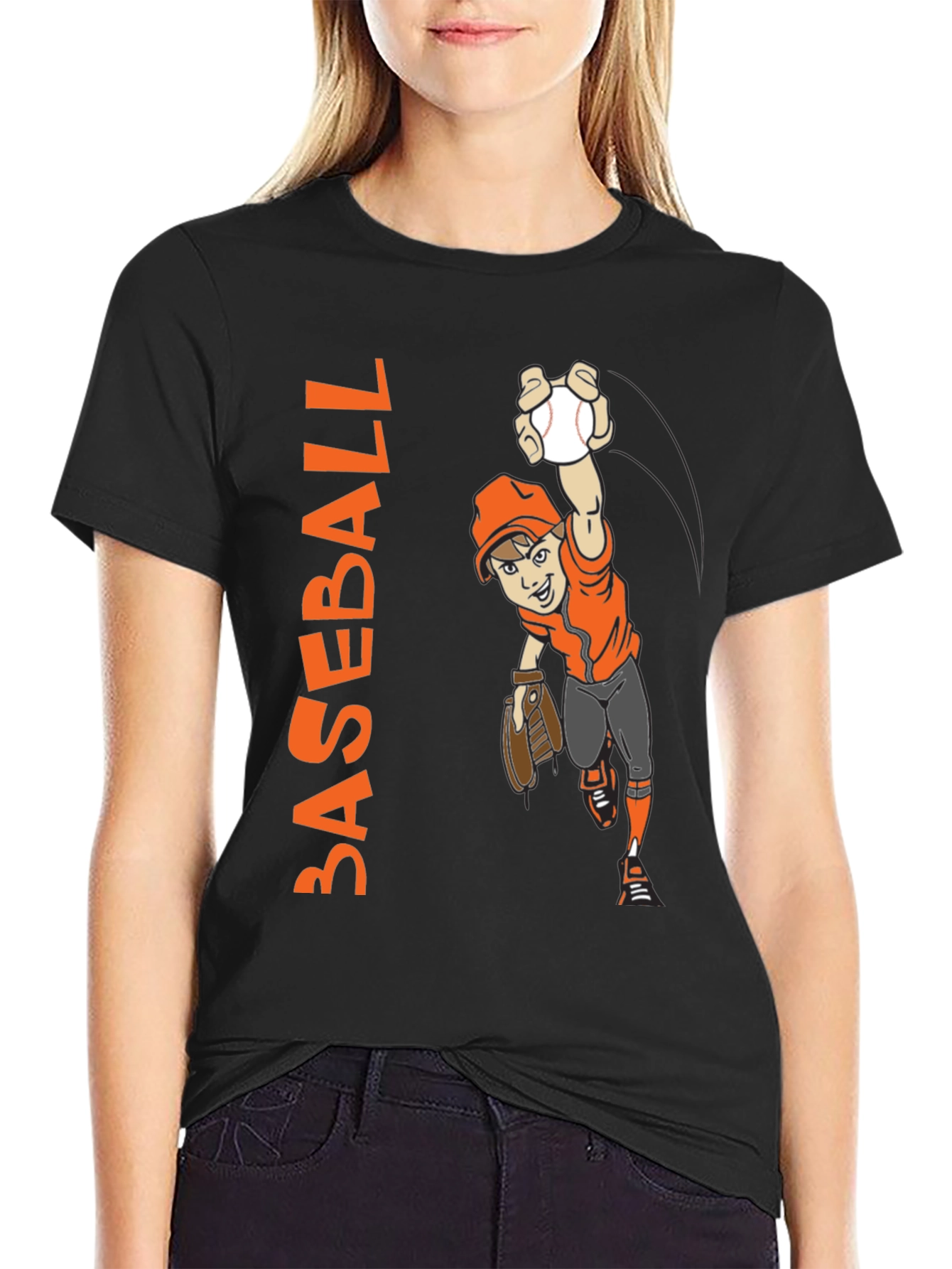 Baseball Cartoon Graphic Tee - Black Cotton T-Shirt