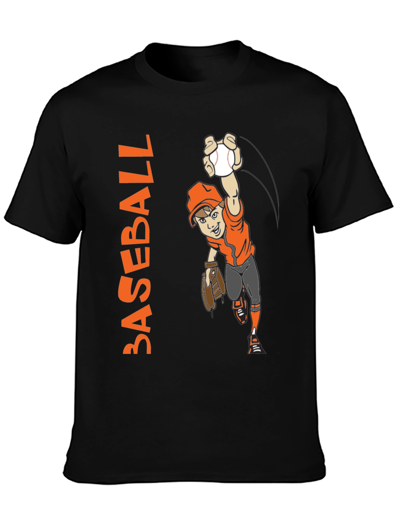 Baseball Cartoon Graphic Tee - Black Cotton T-Shirt