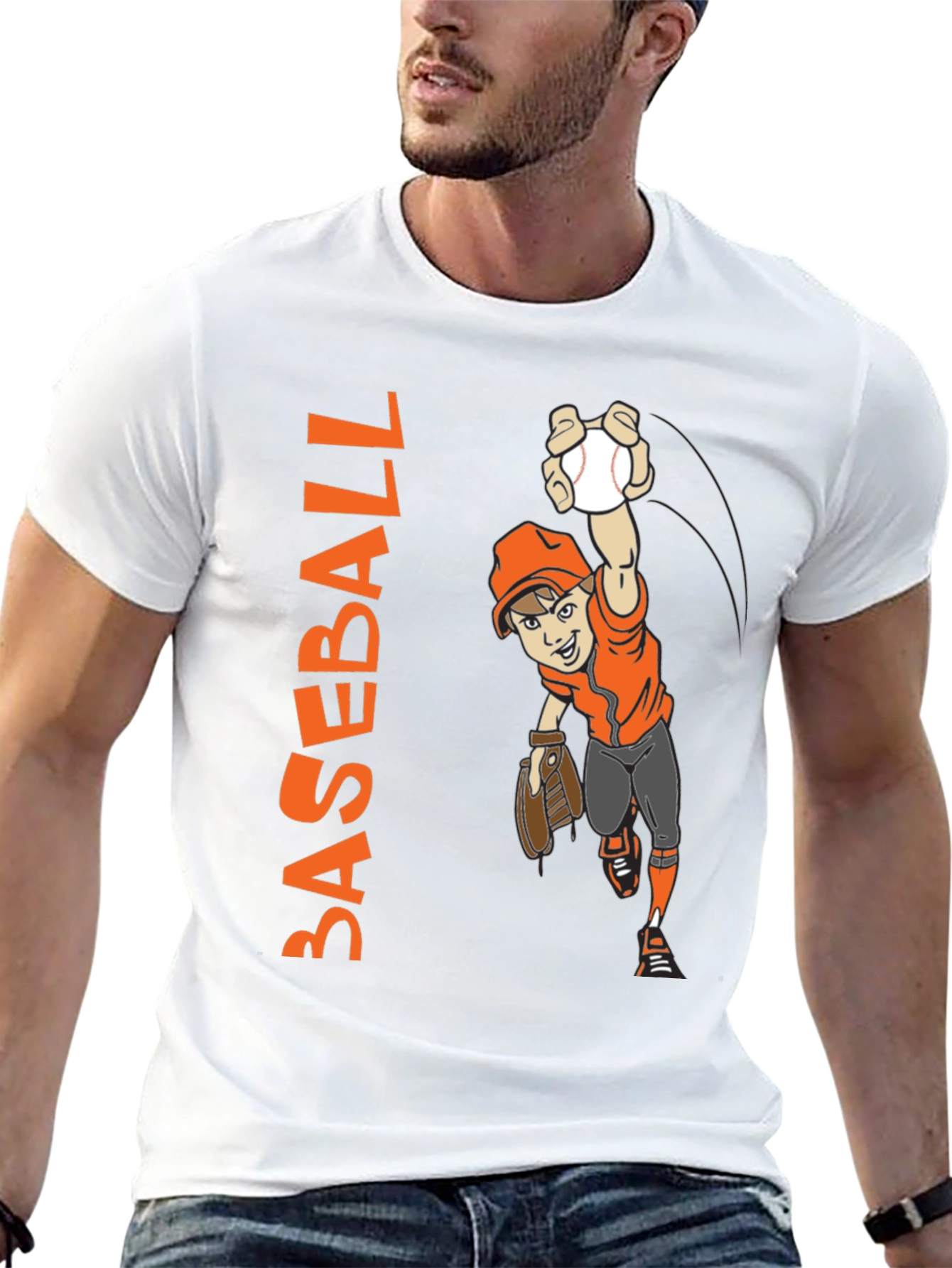 Baseball Cartoon Graphic Tee - Black Cotton T-Shirt
