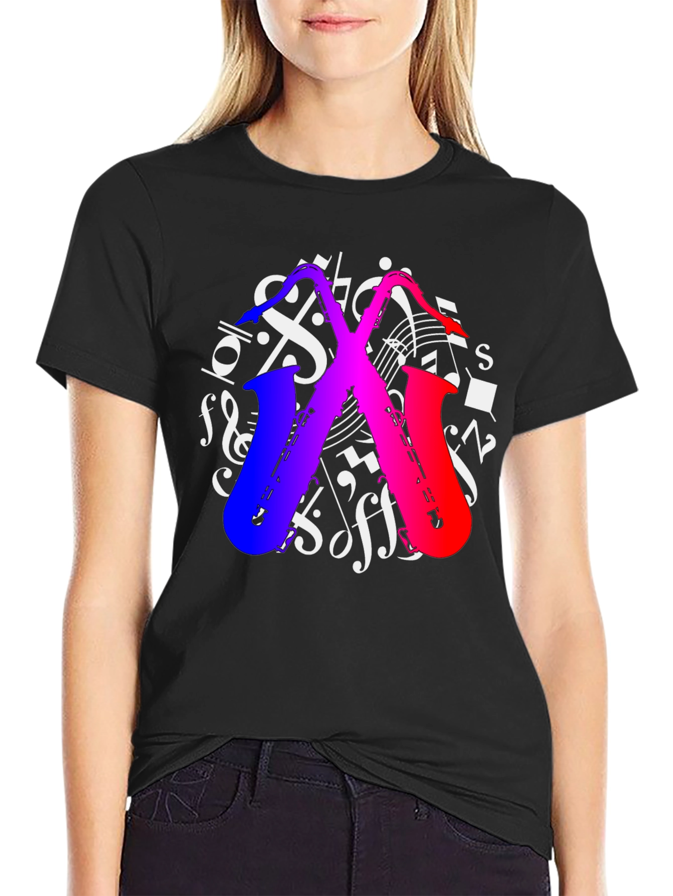Saxophone Music Notes Graphic T-Shirt - Black