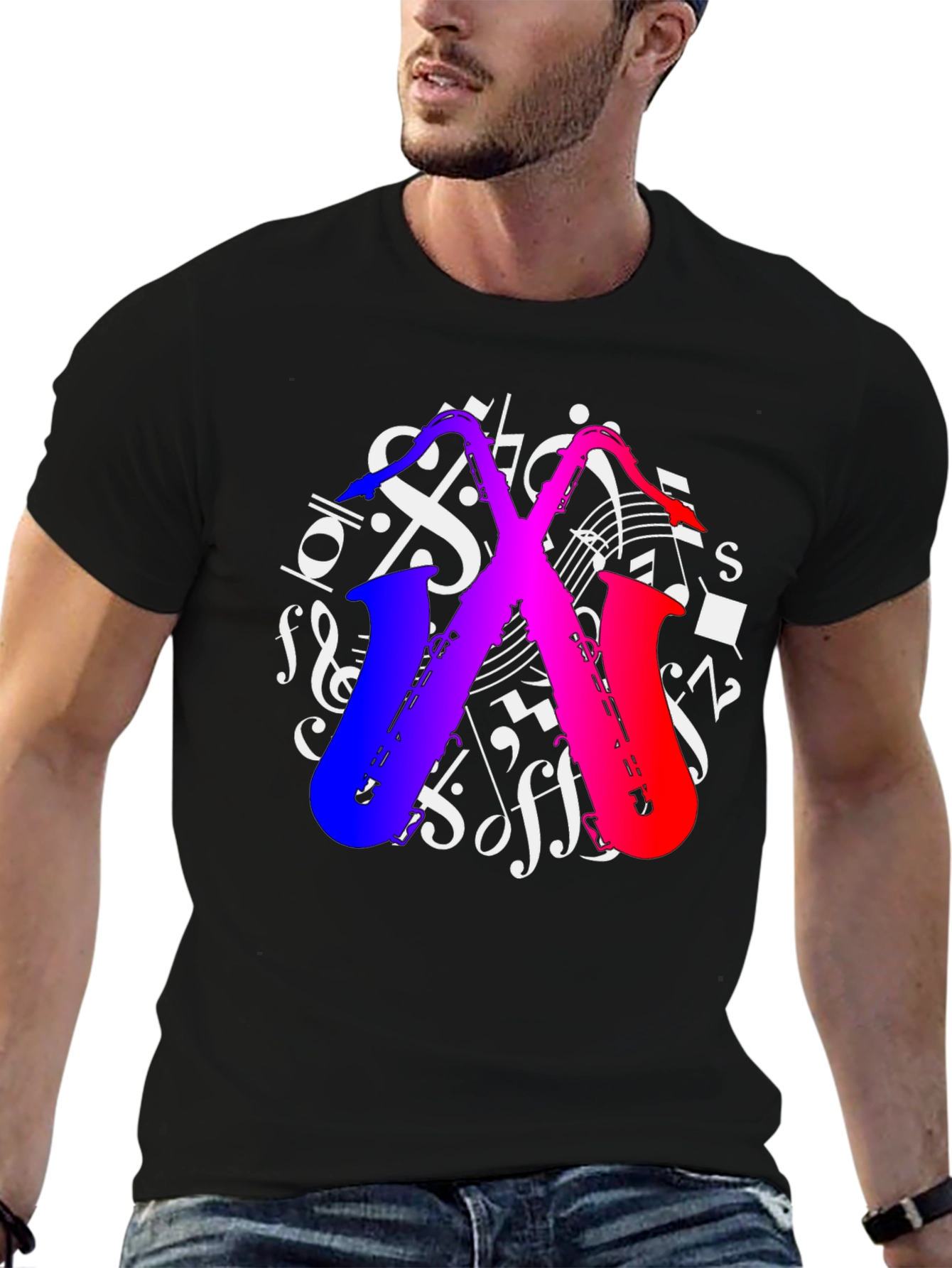 Saxophone Music Notes Graphic T-Shirt - Black