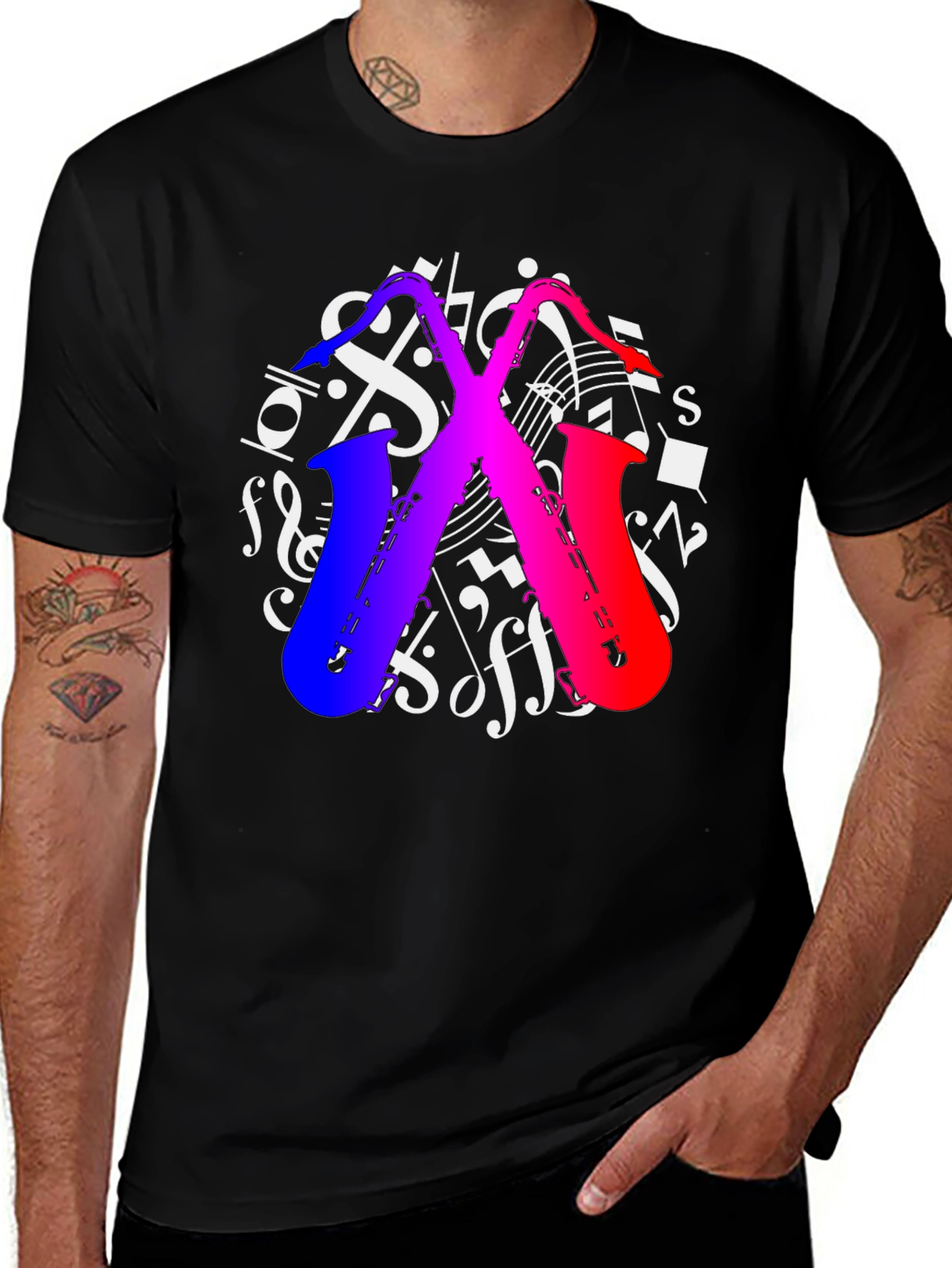 Saxophone Music Notes Graphic T-Shirt - Black