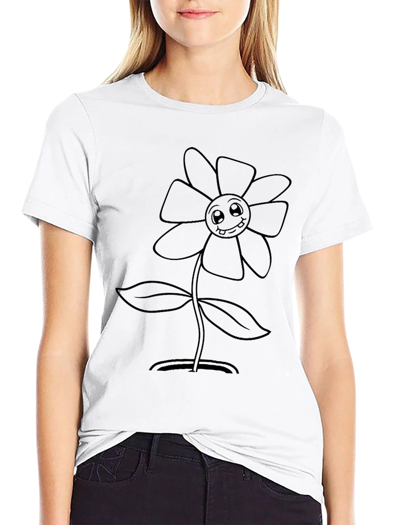 Cute Cartoon Flower Graphic Tee - Black