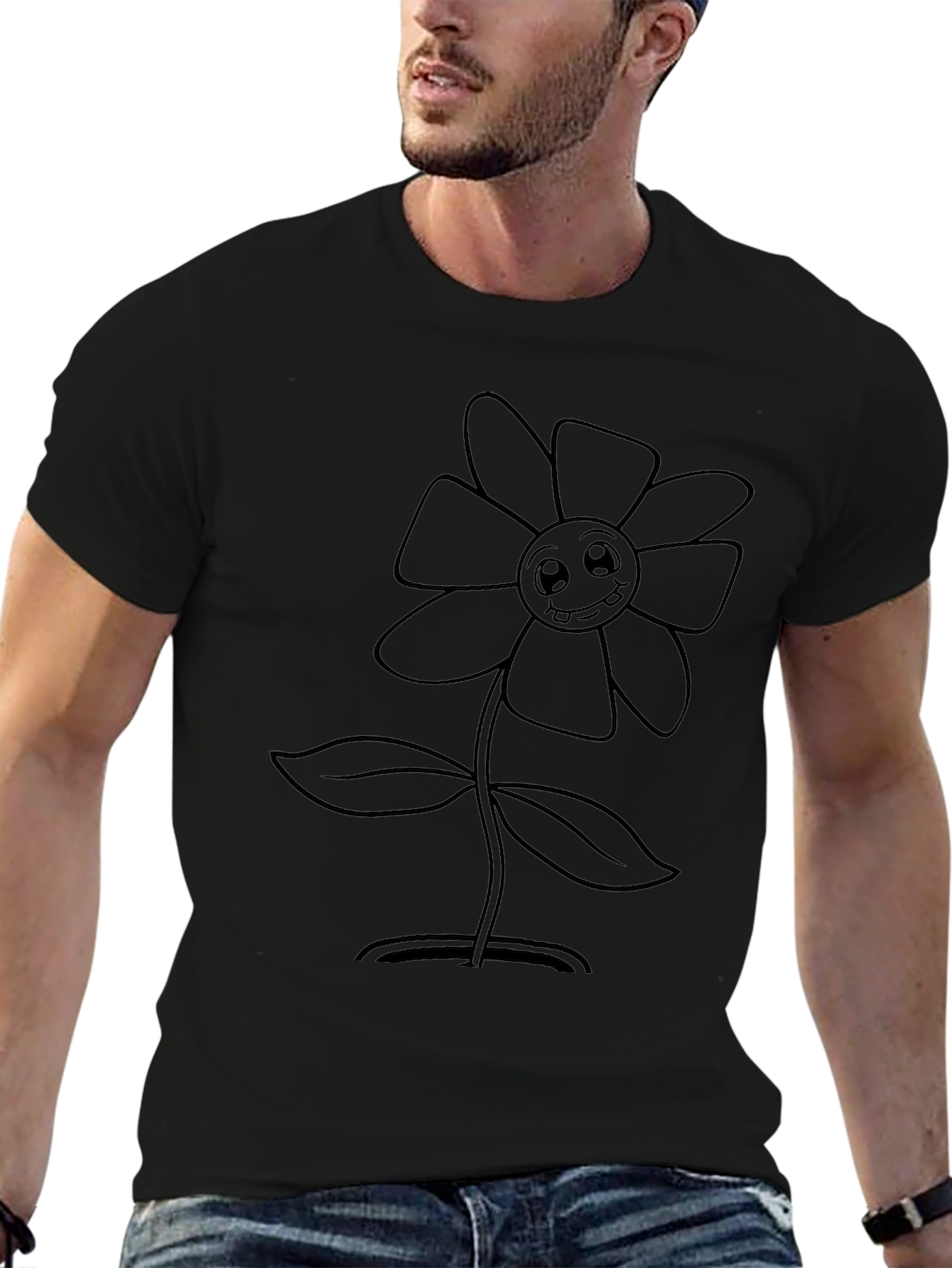 Cute Cartoon Flower Graphic Tee - Black