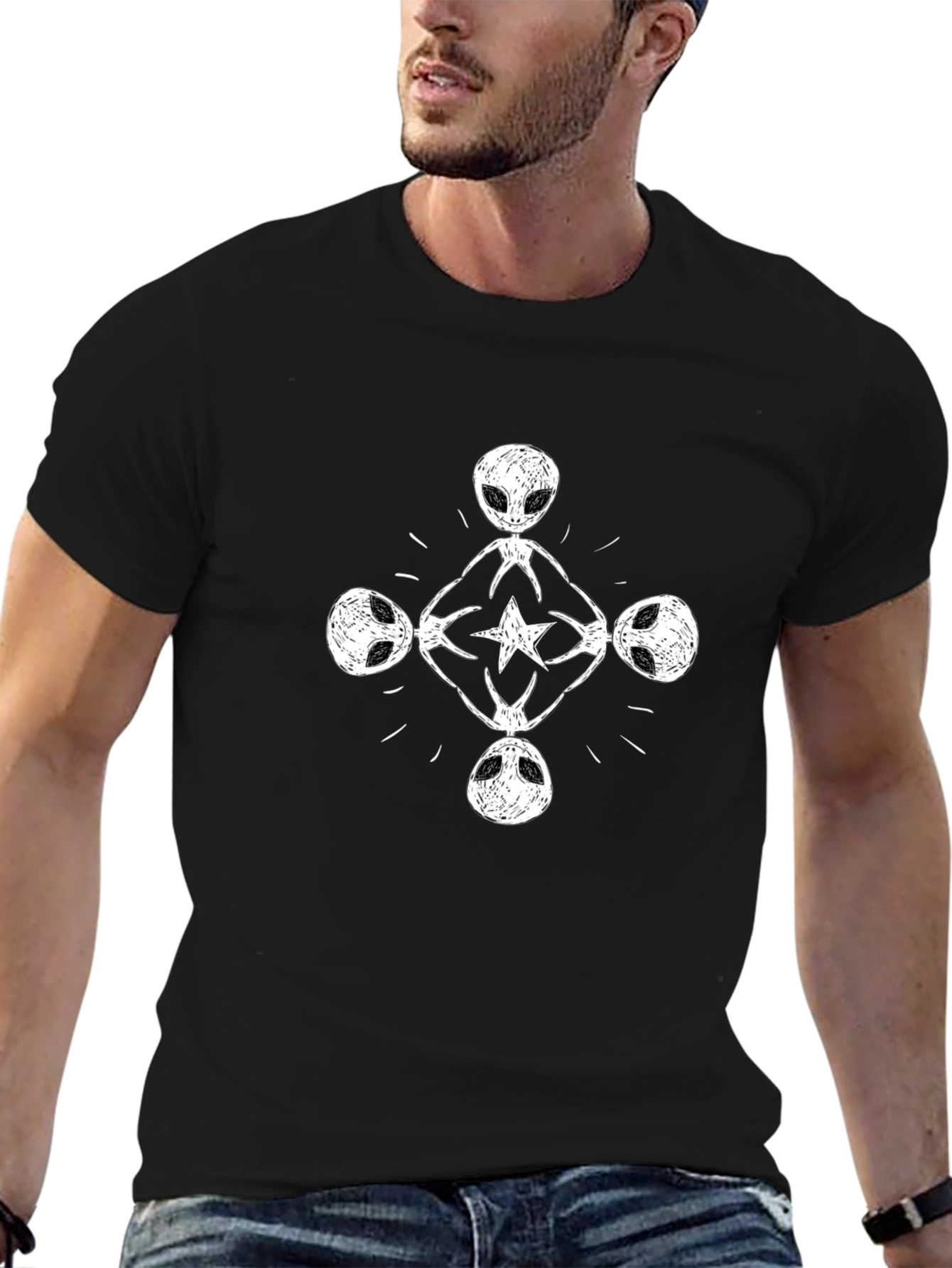 Alien Circle Graphic Tee - Black Crew Neck T-Shirt