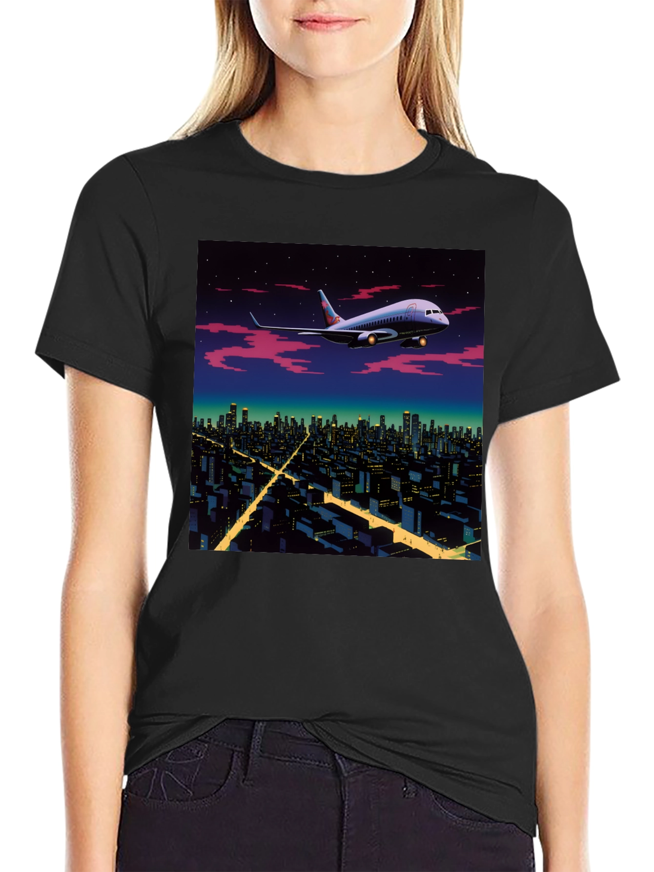 Airplane Over City Graphic T-Shirt