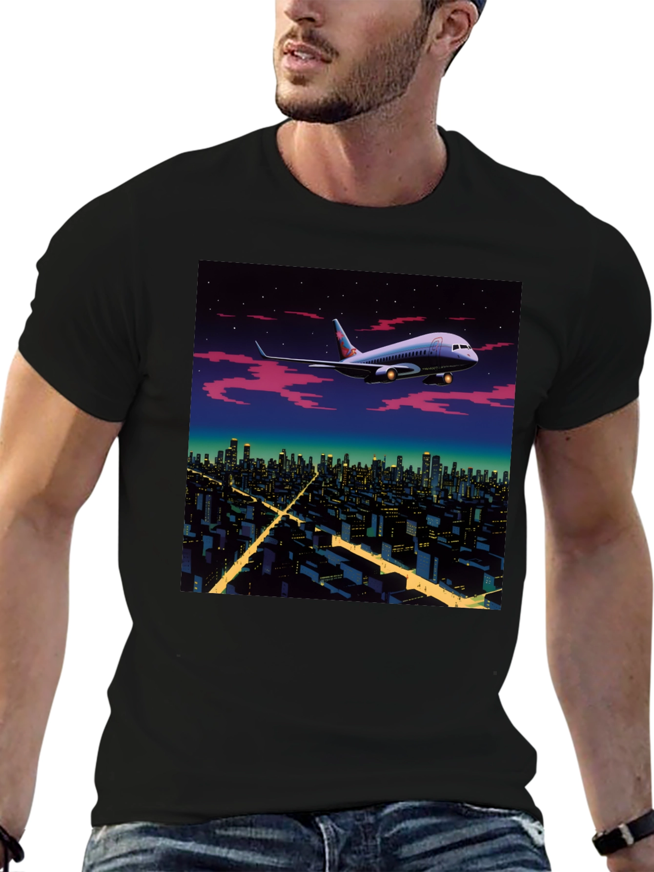 Airplane Over City Graphic T-Shirt