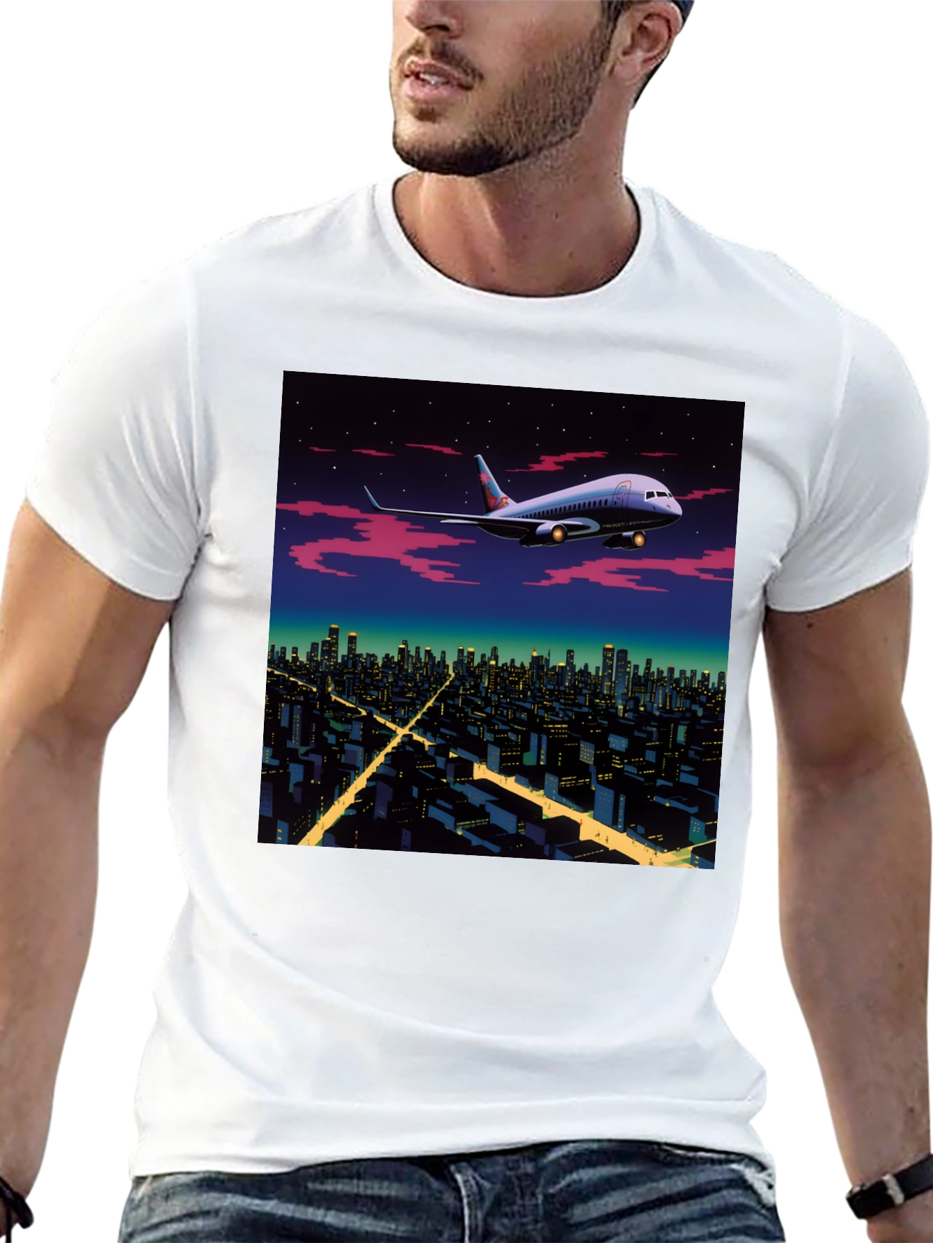 Airplane Over City Graphic T-Shirt