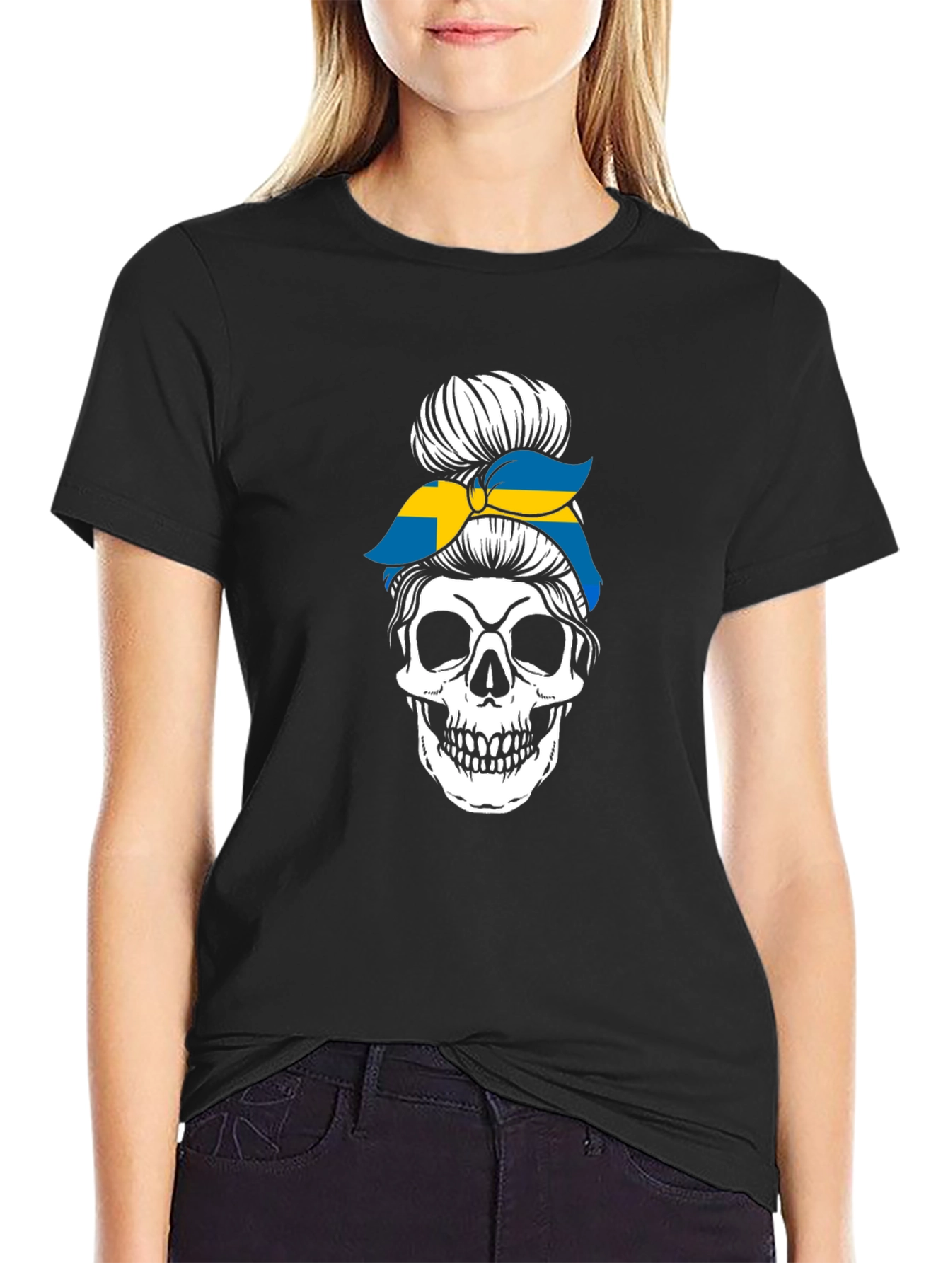 Skull Sweden Flag Messy Bun T-Shirt