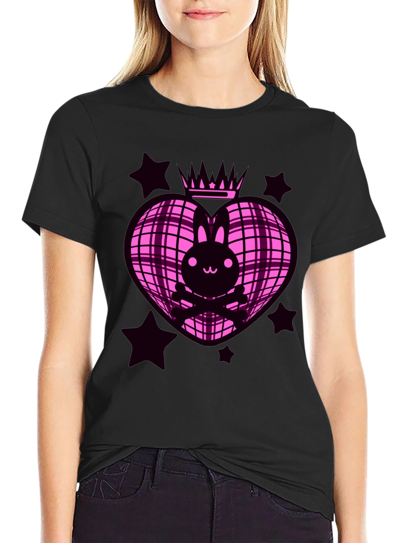 Bunny Crown Heart Graphic Tee - Pink & Black