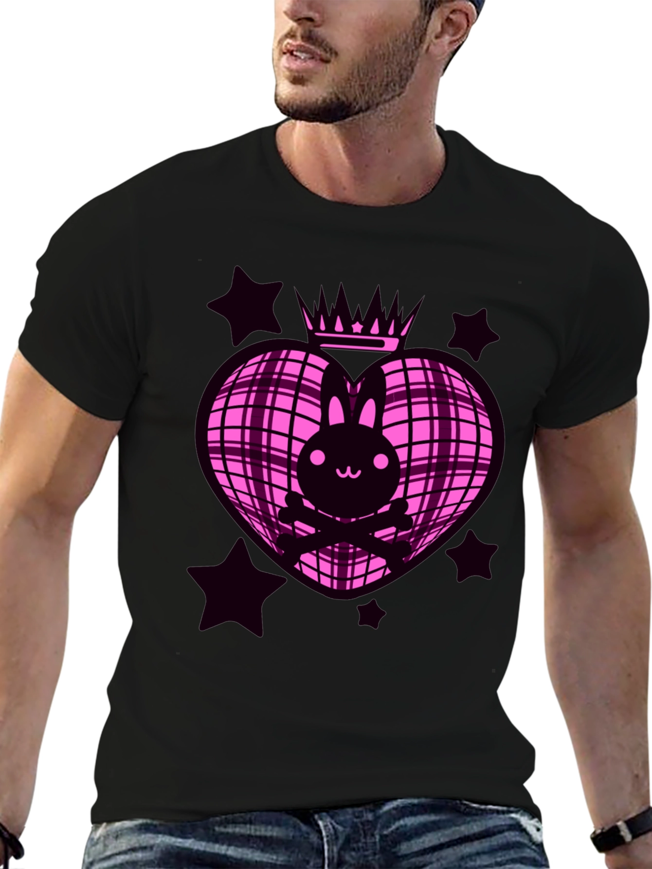 Bunny Crown Heart Graphic Tee - Pink & Black