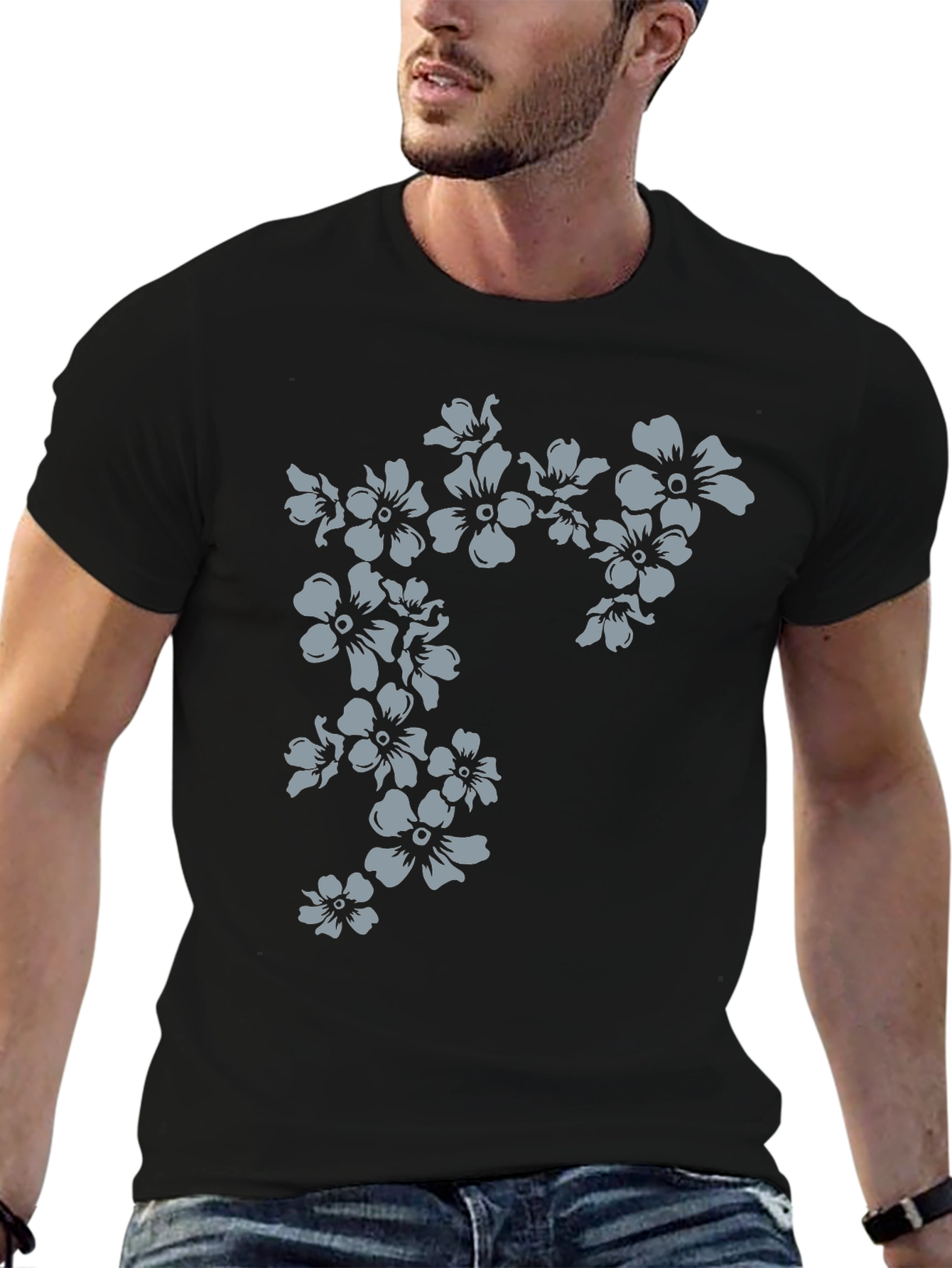 Floral Print Mens Black T-Shirt
