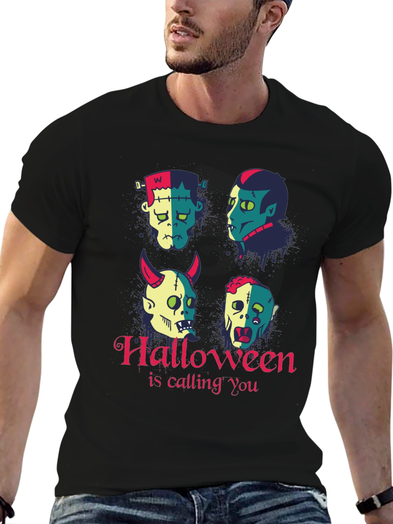 Halloween Monster Faces Graphic T-Shirt