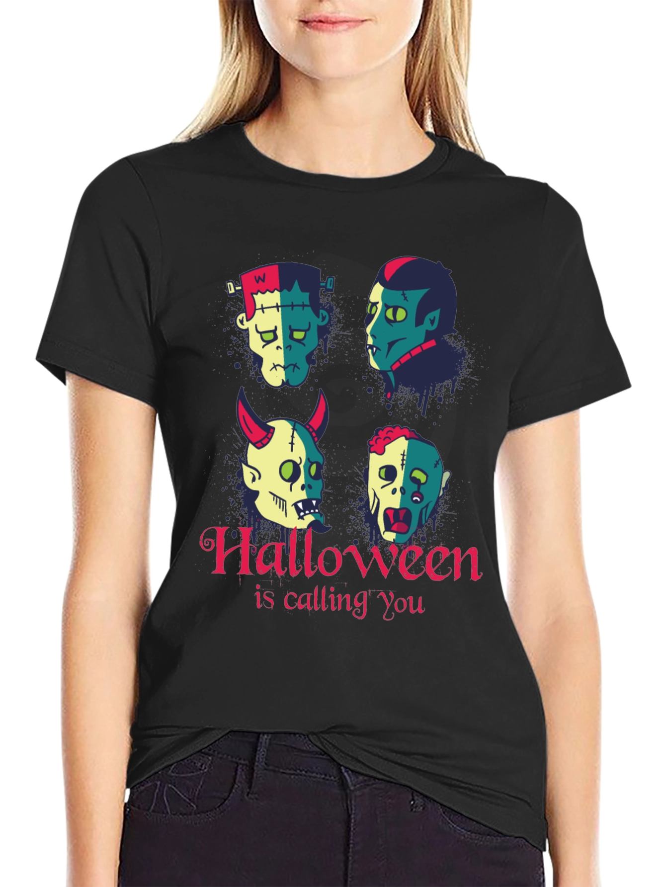 Halloween Monster Faces Graphic T-Shirt