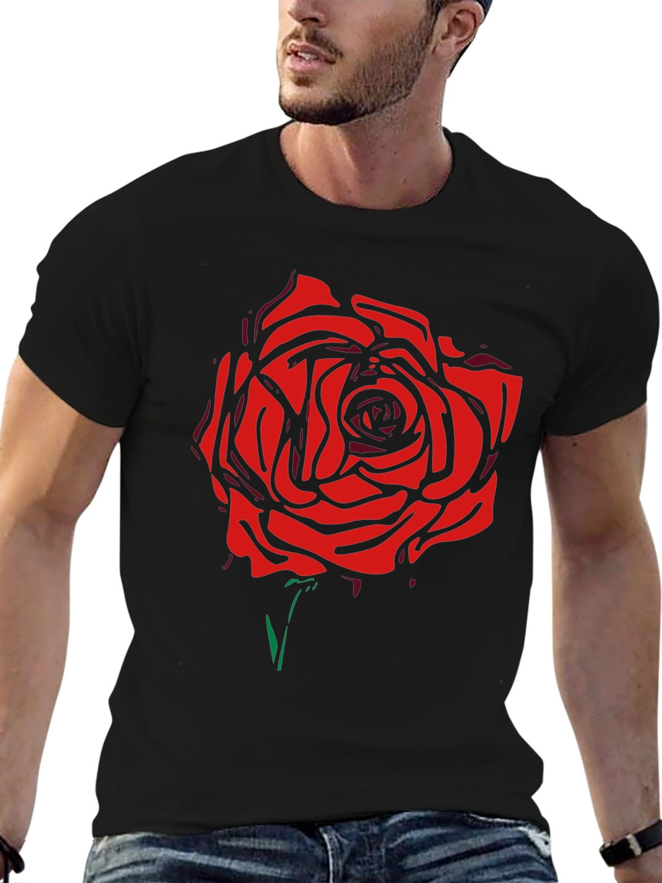 Black T-Shirt with Bold Red Rose Graphic