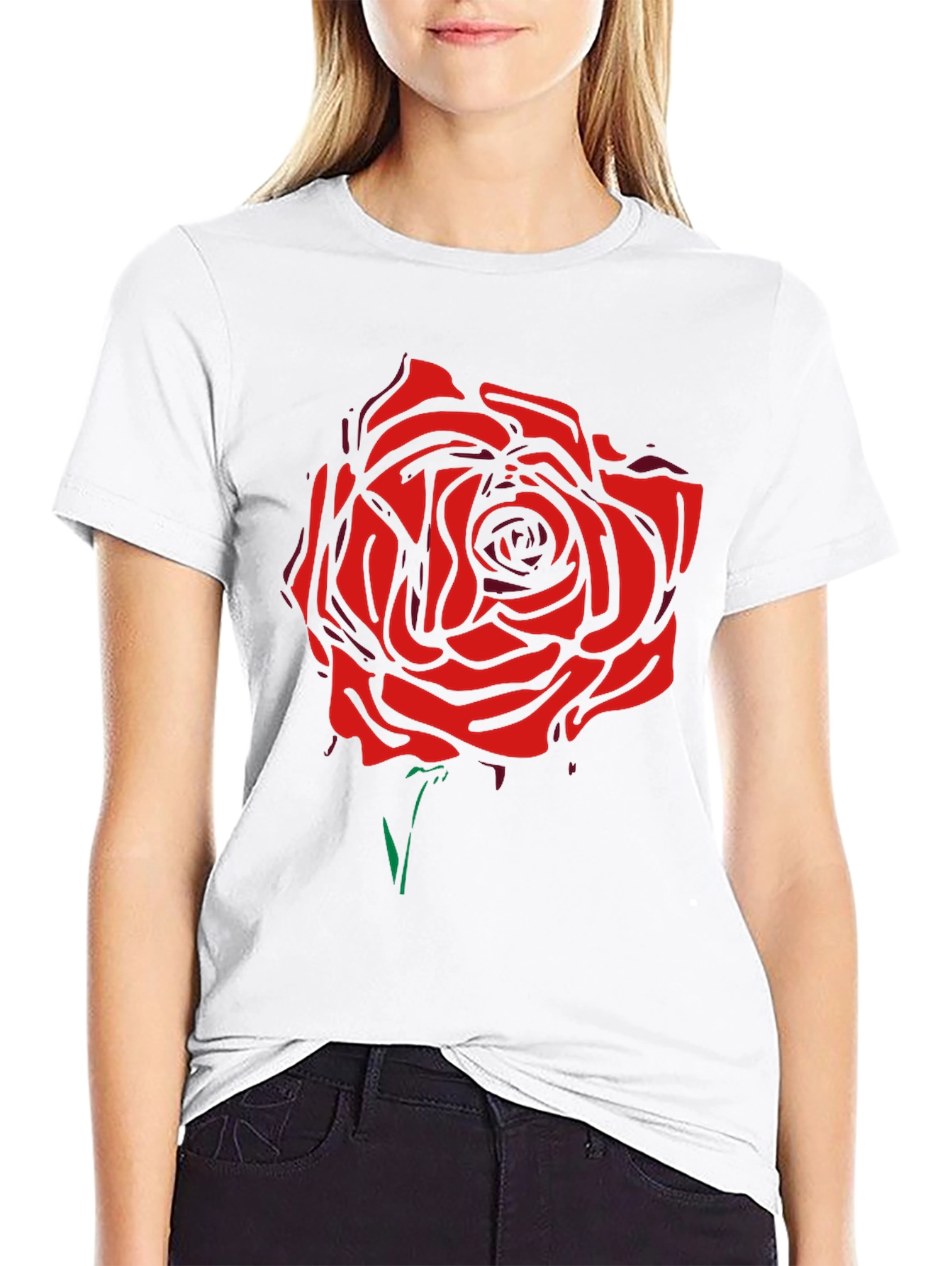 Black T-Shirt with Bold Red Rose Graphic