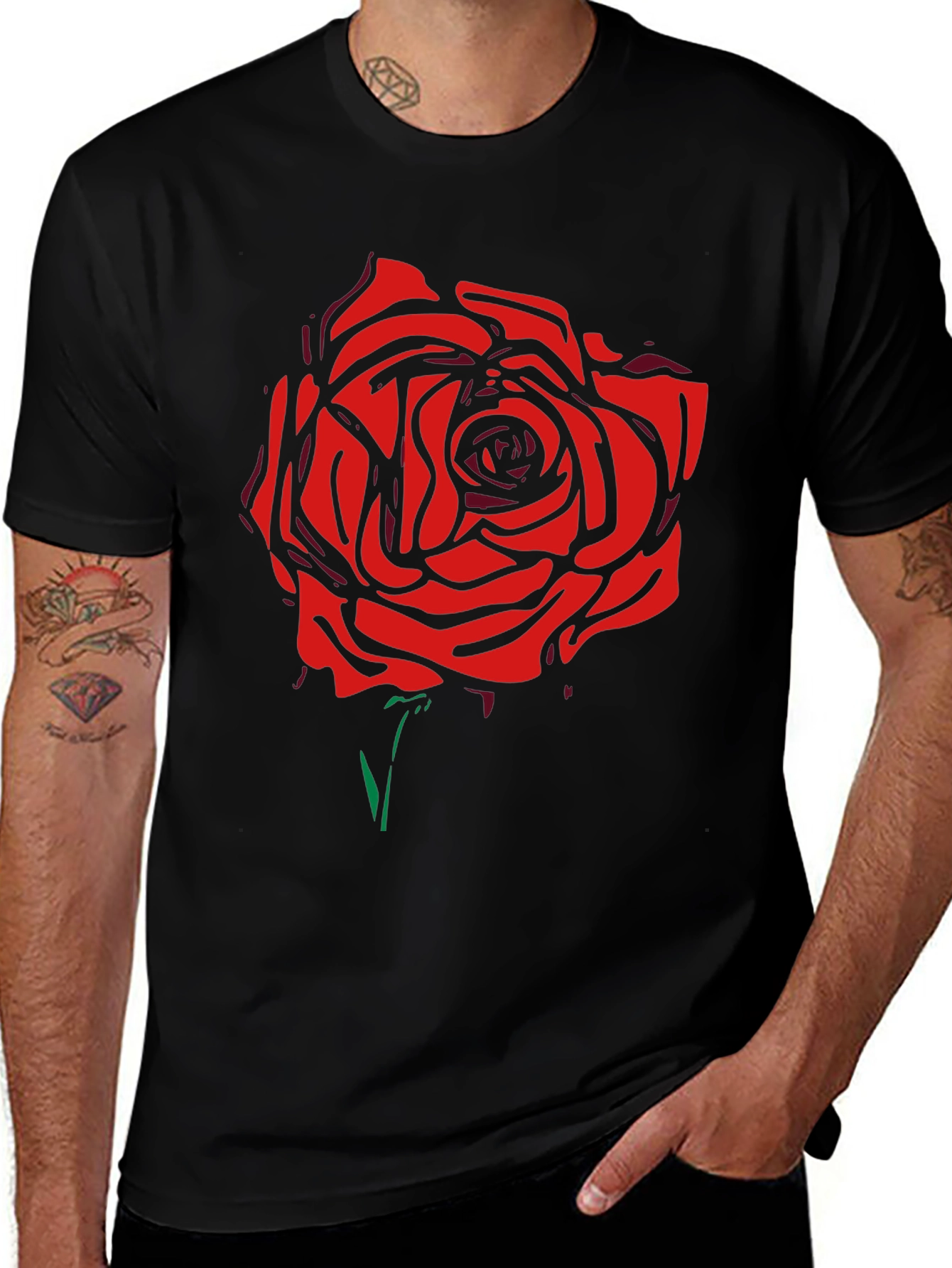 Black T-Shirt with Bold Red Rose Graphic