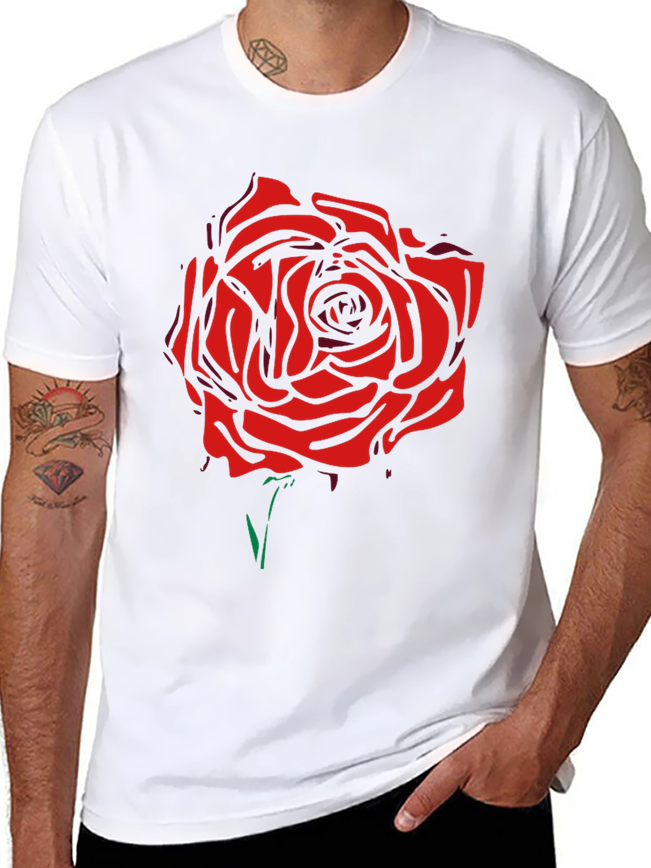 Black T-Shirt with Bold Red Rose Graphic
