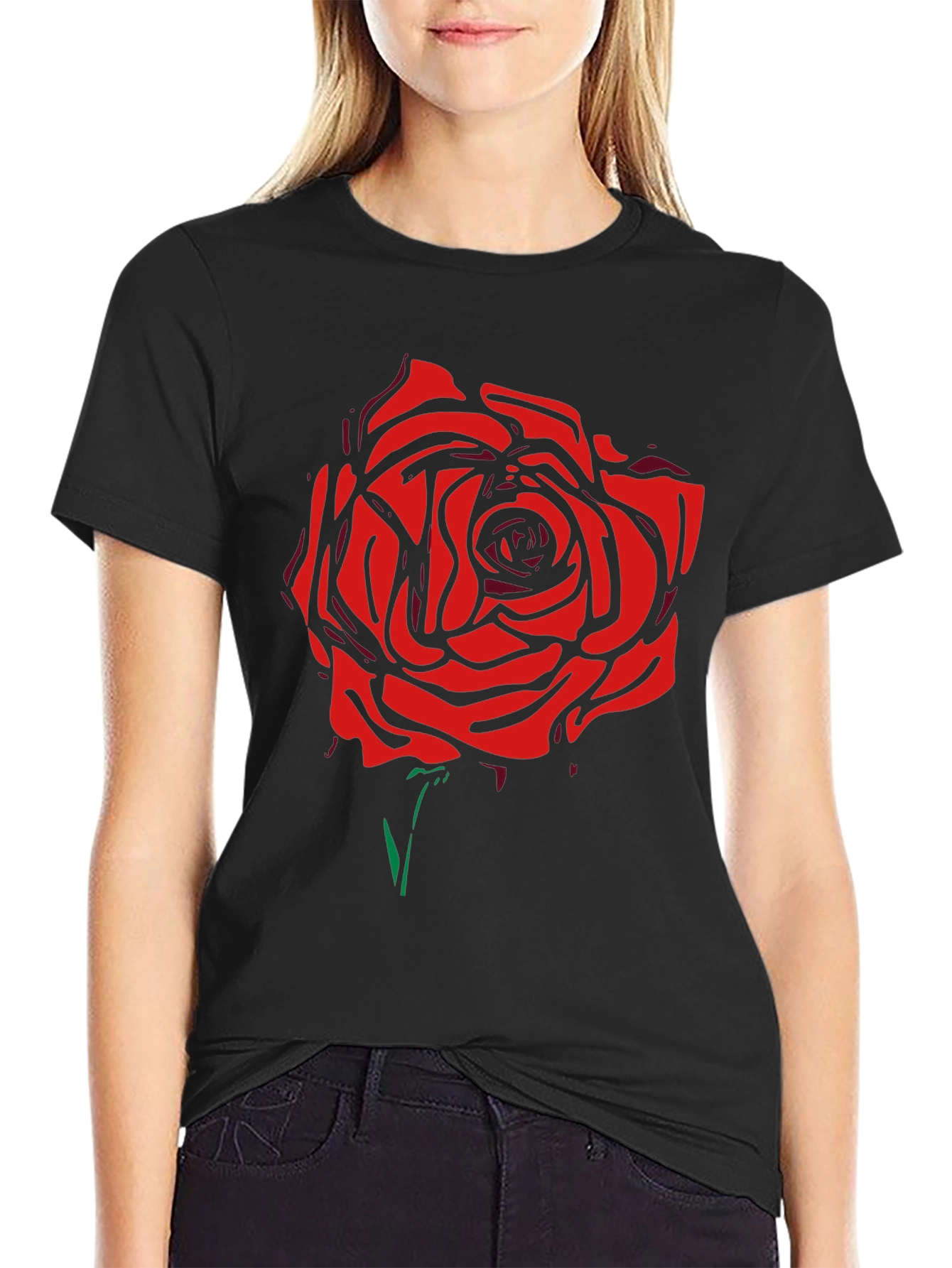 Black T-Shirt with Bold Red Rose Graphic