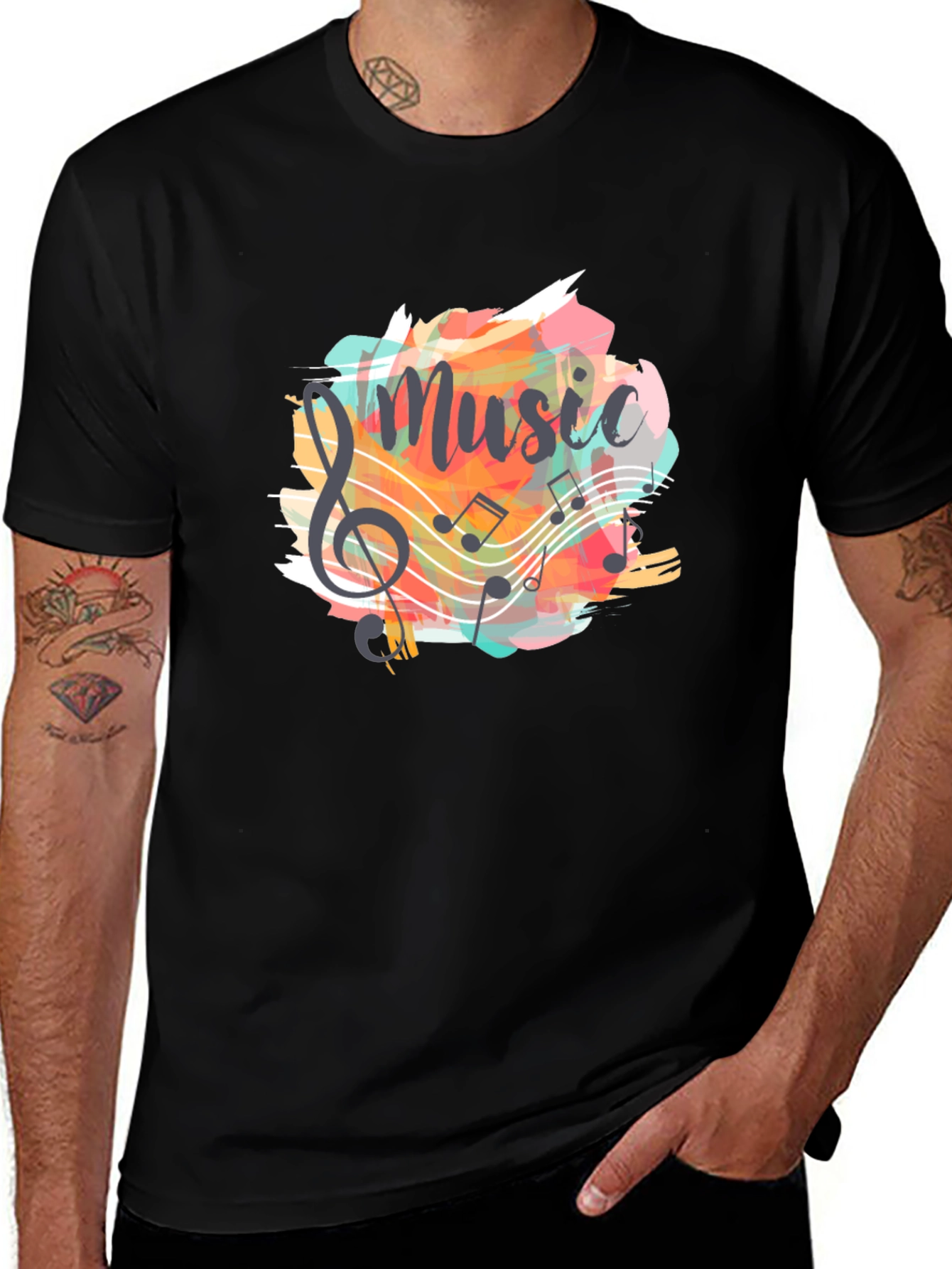 Musical Notes Graphic Tee - Black Cotton T-Shirt