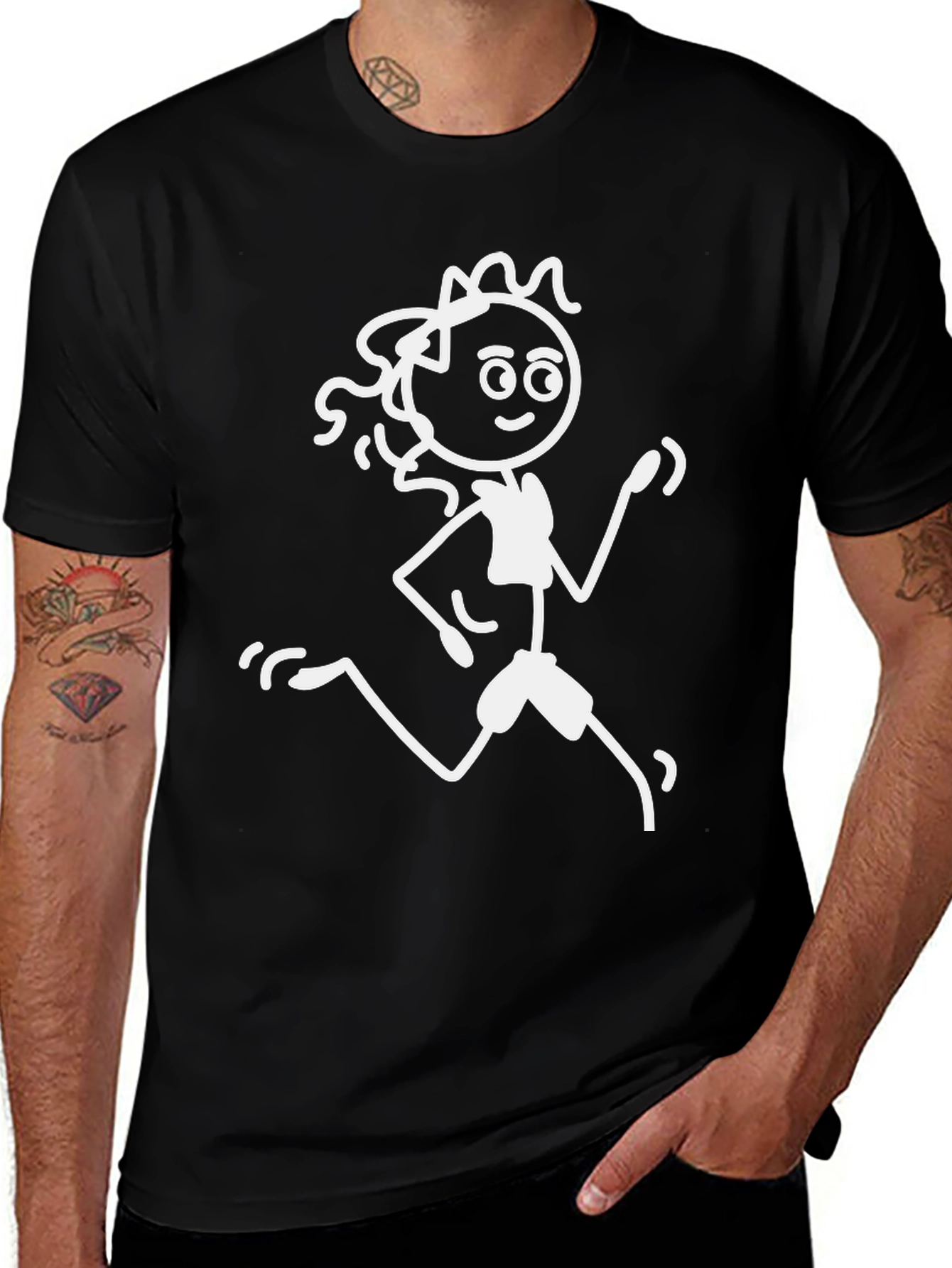 Running Stick Figure Graphic Tee - Black Cotton T-Shirt