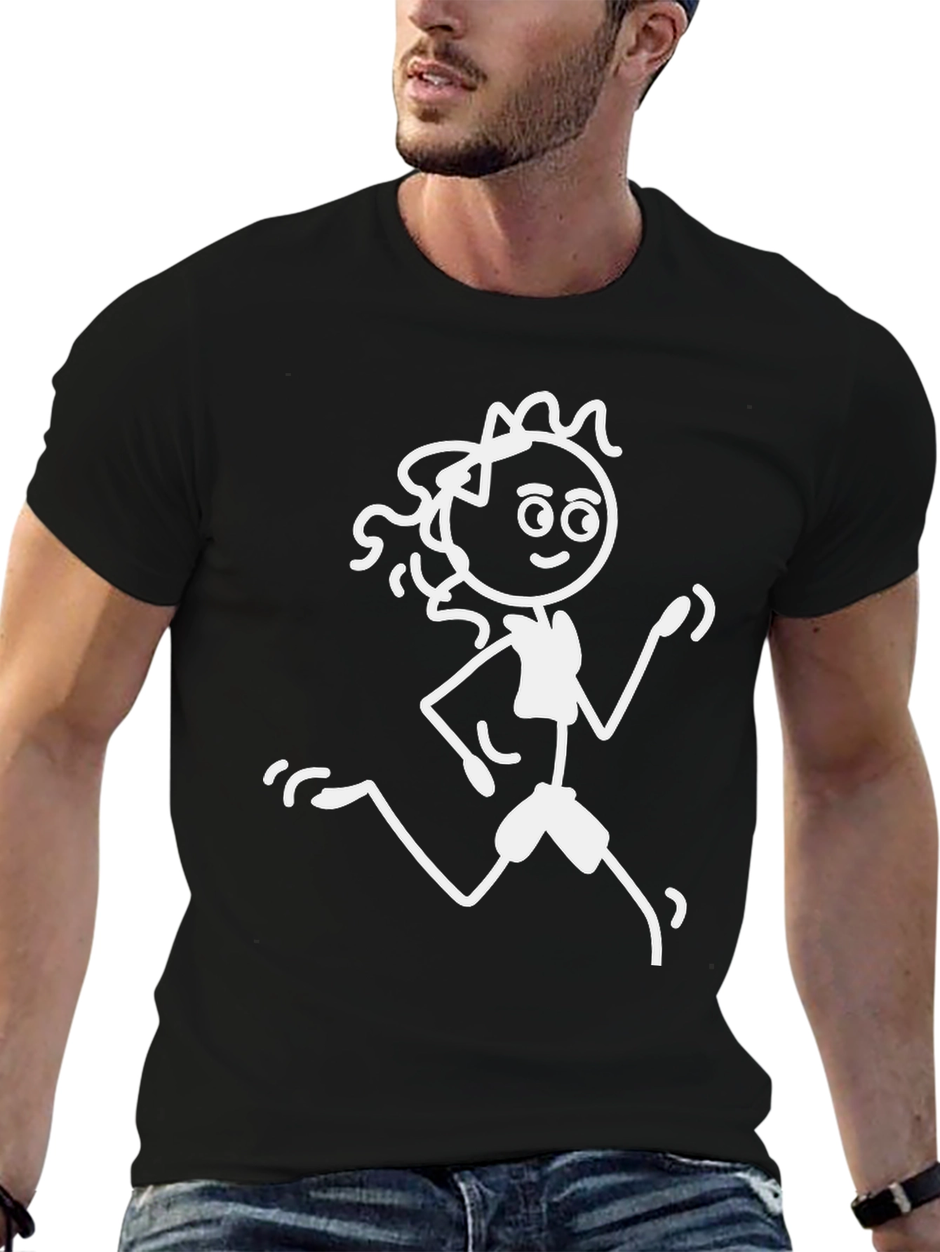 Running Stick Figure Graphic Tee - Black Cotton T-Shirt