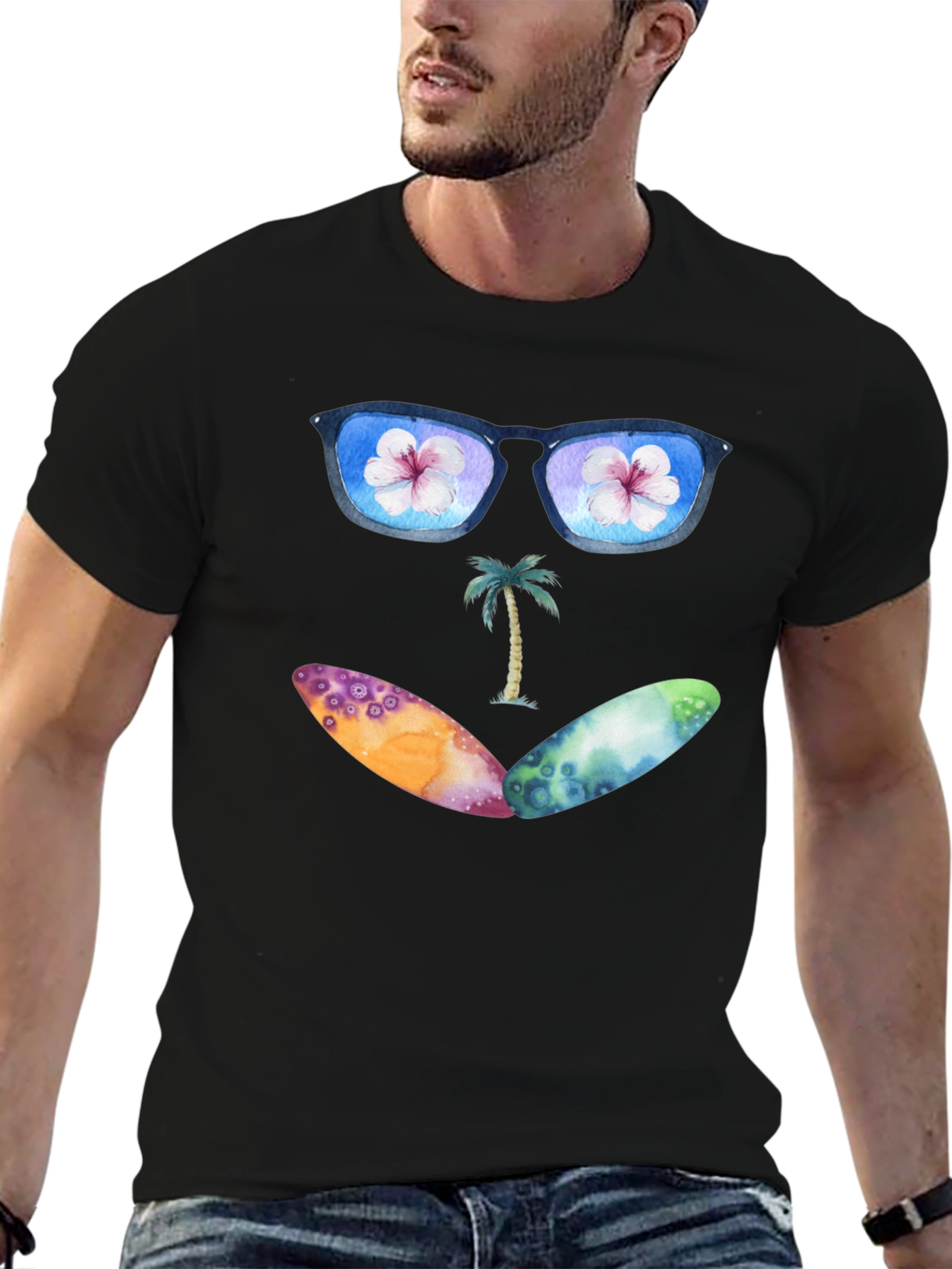 Beach Vibes Graphic Tee - Sunglasses & Surfboards Design