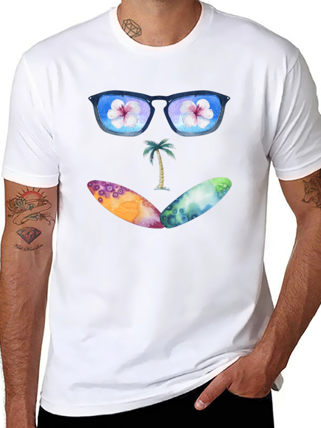 Beach Vibes Graphic Tee - Sunglasses & Surfboards Design