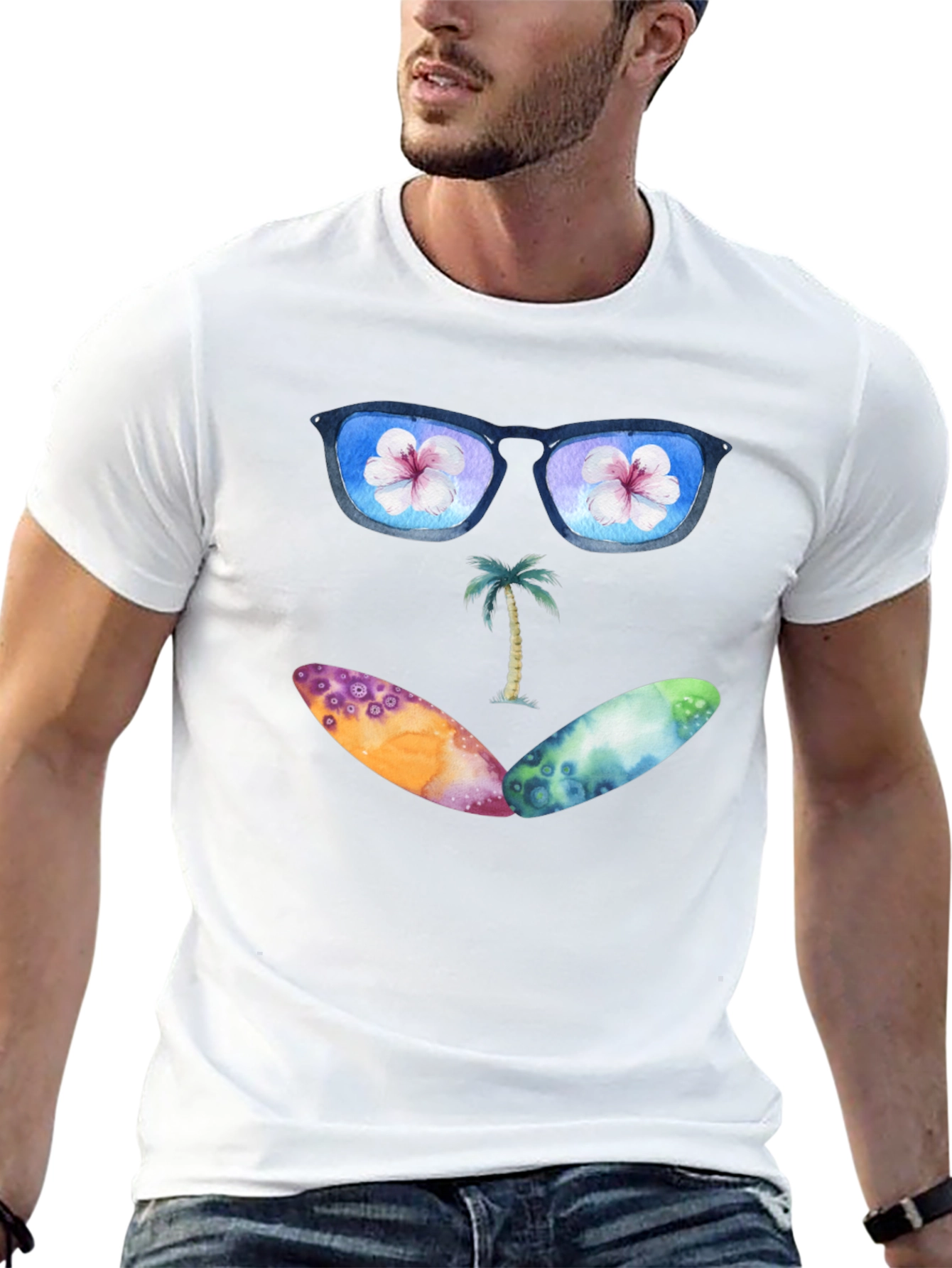 Beach Vibes Graphic Tee - Sunglasses & Surfboards Design