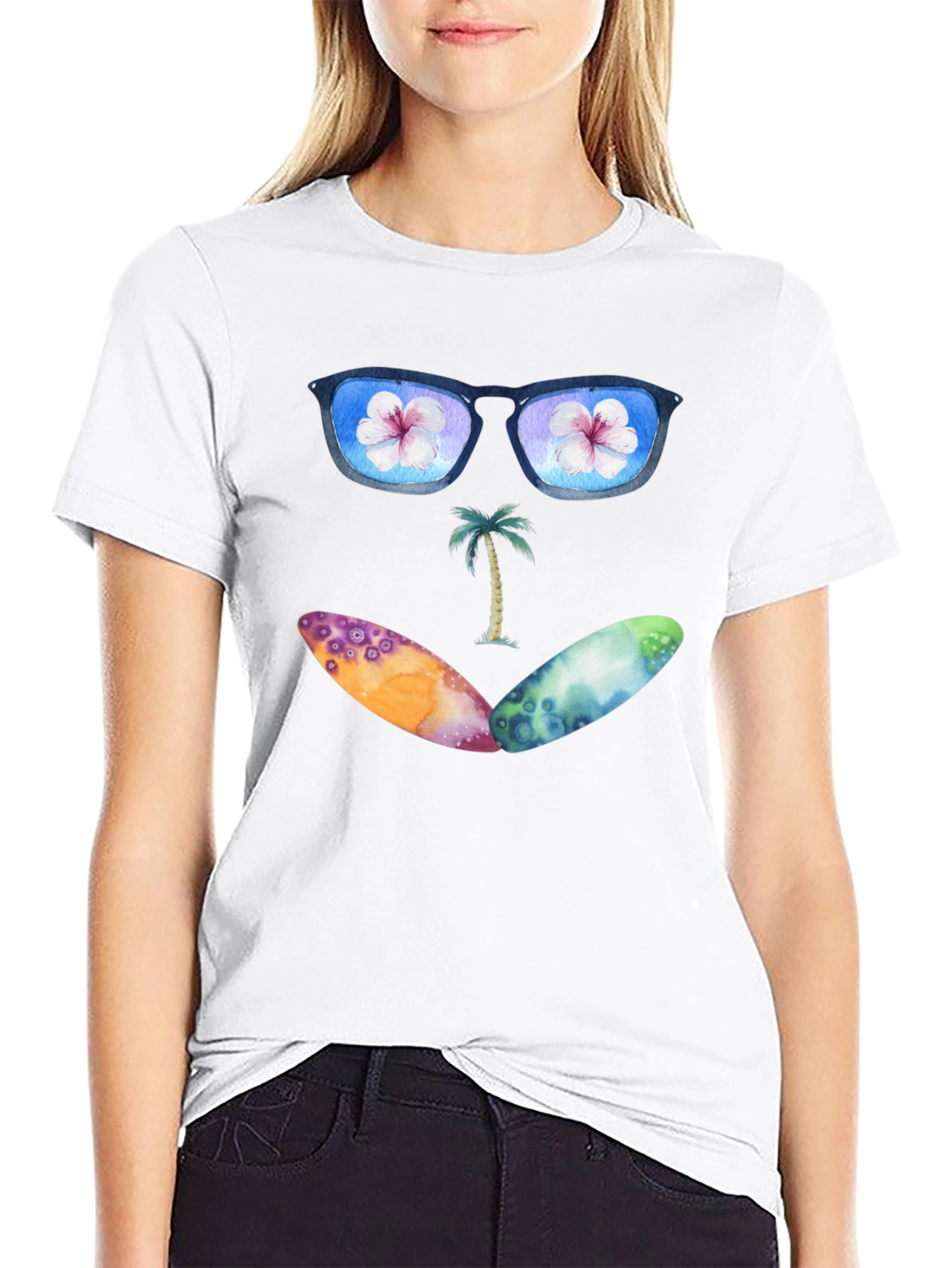 Beach Vibes Graphic Tee - Sunglasses & Surfboards Design