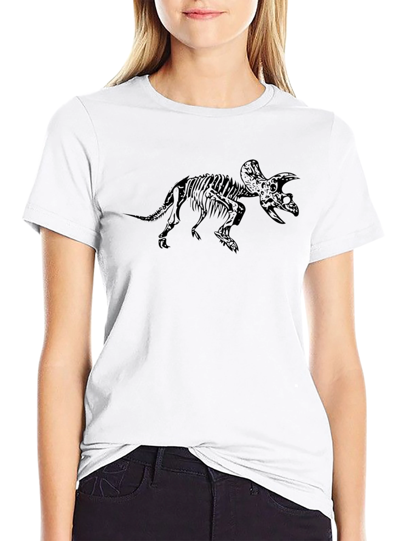 Black T-Shirt with Triceratops Skeleton Print