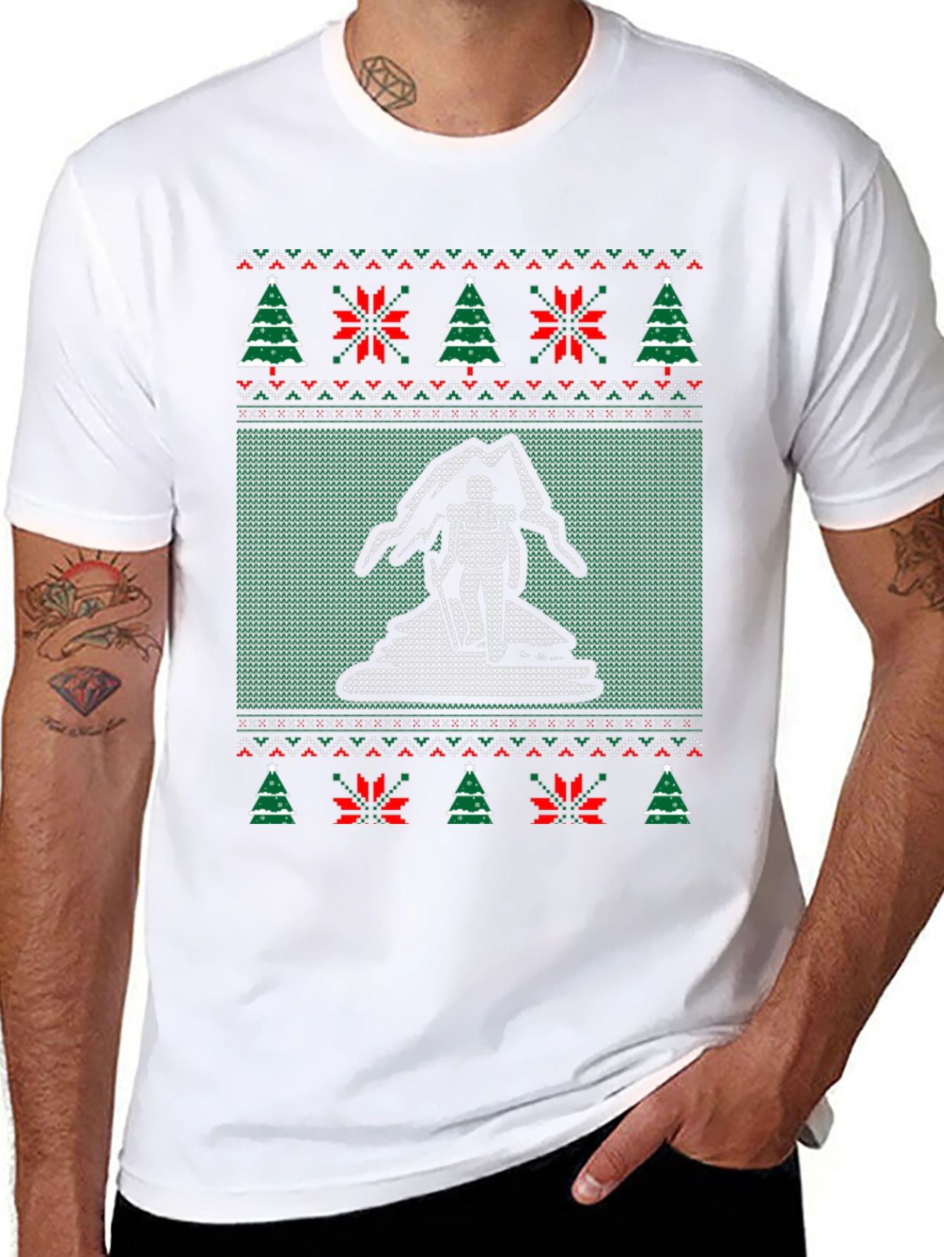 Novelty Christmas Bigfoot Sweater Pattern T-Shirt