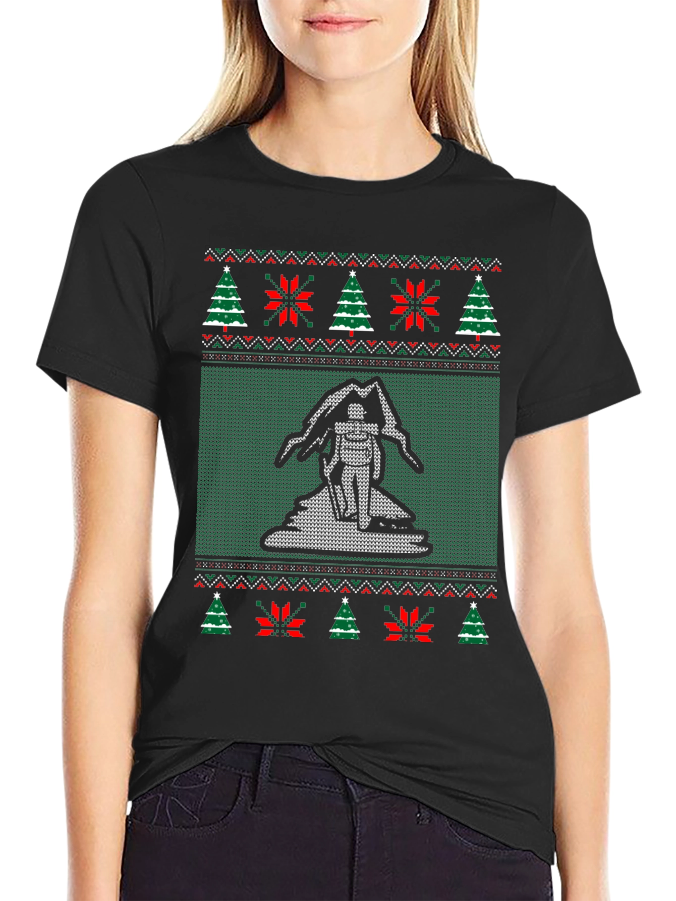 Novelty Christmas Bigfoot Sweater Pattern T-Shirt