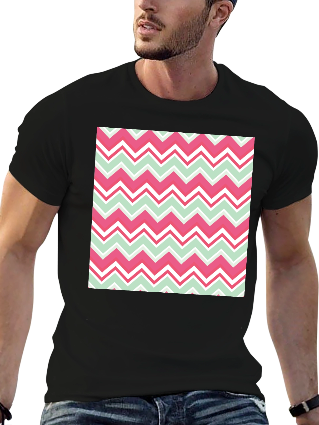 Chevron Pattern T-Shirt - Black Crew Neck Tee