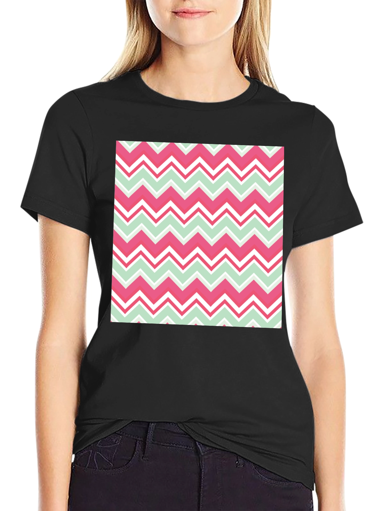 Chevron Pattern T-Shirt - Black Crew Neck Tee