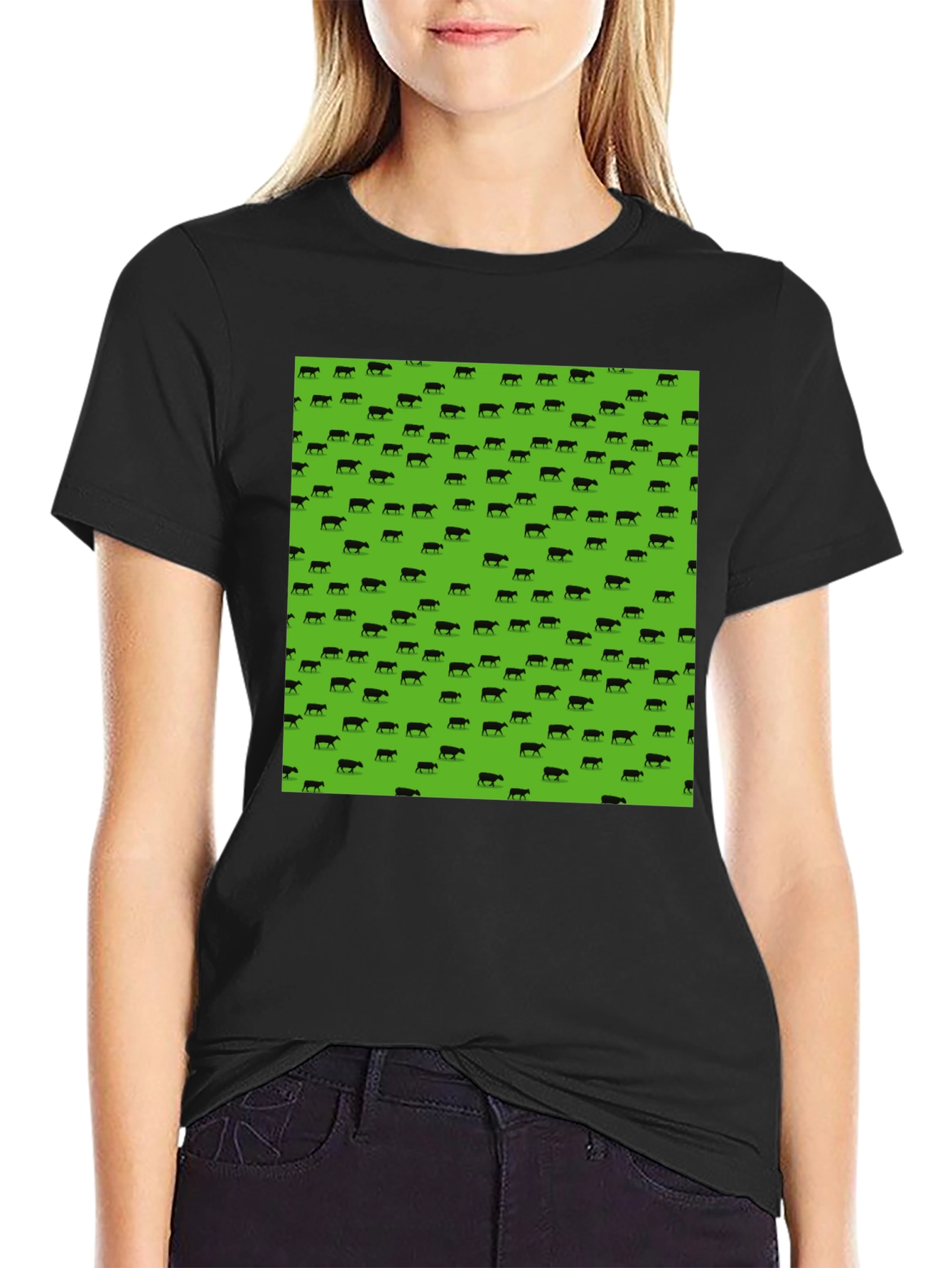 Black Tee with Green Cow Print