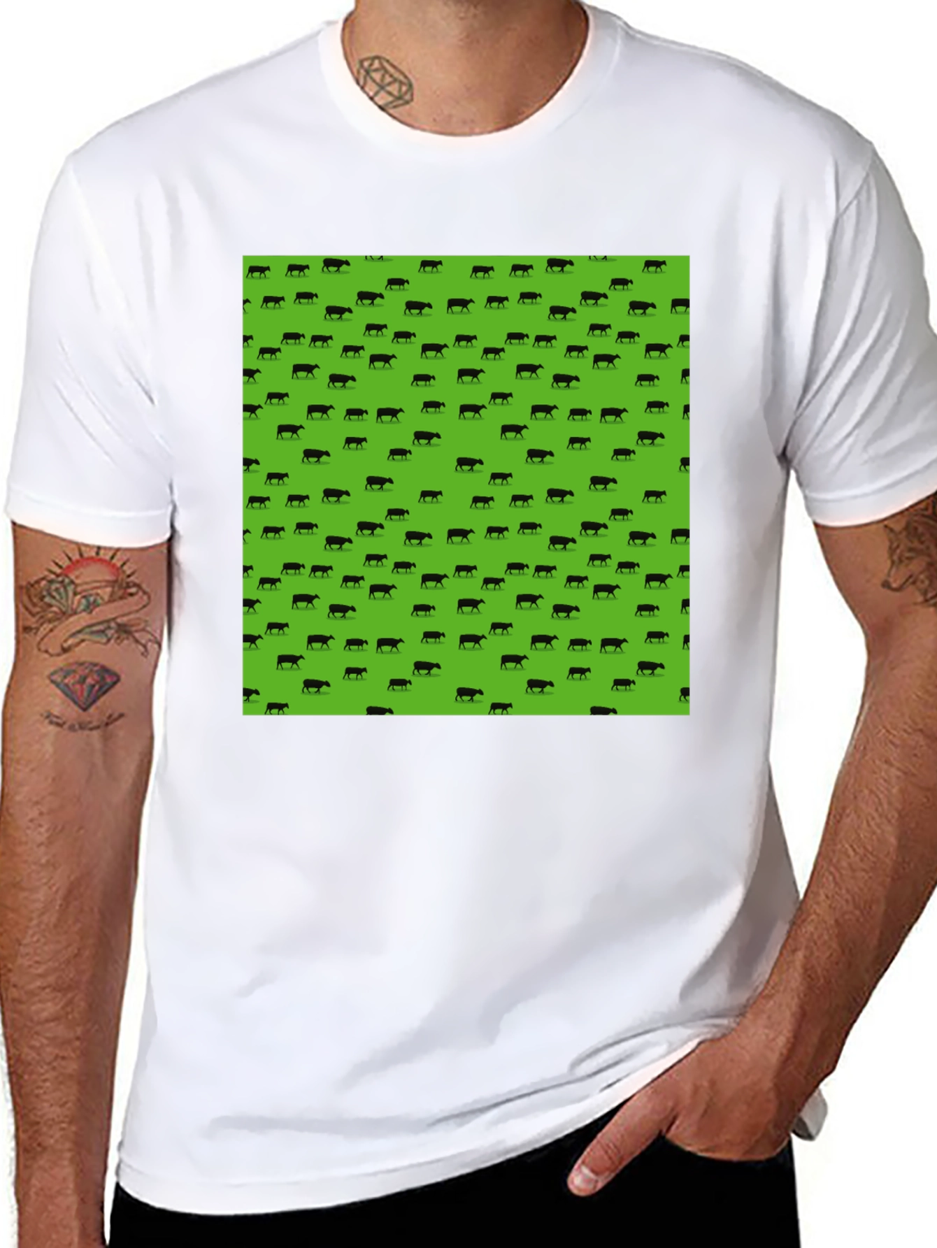 Black Tee with Green Cow Print