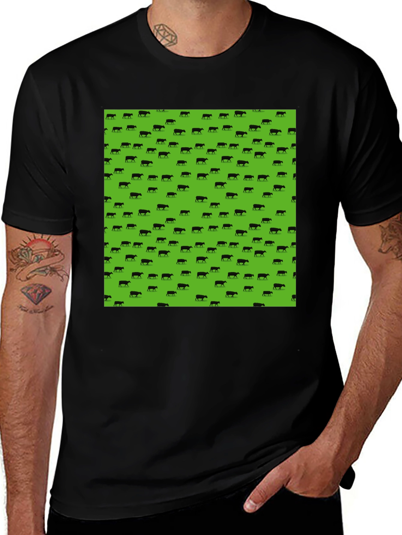 Black Tee with Green Cow Print