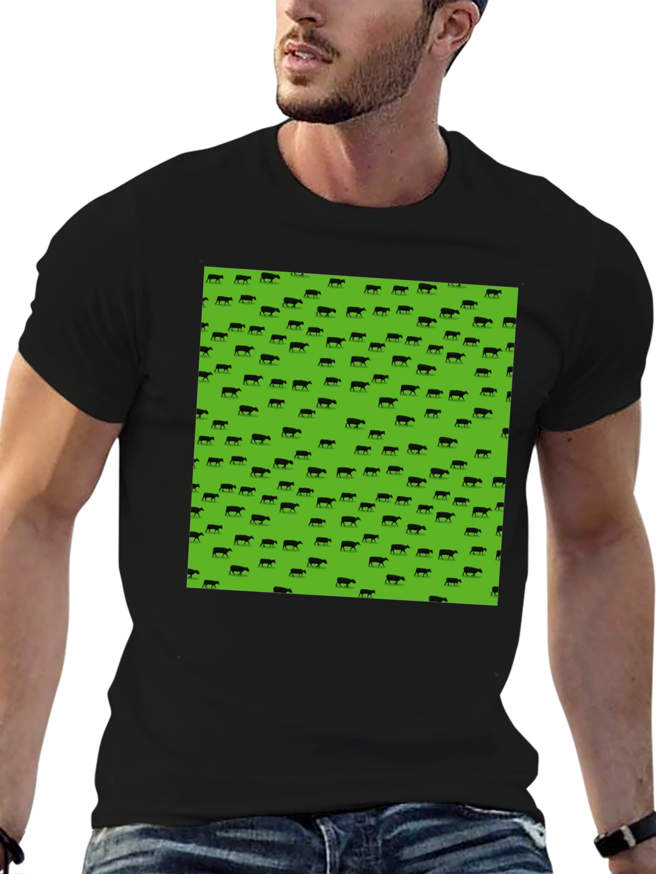 Black Tee with Green Cow Print