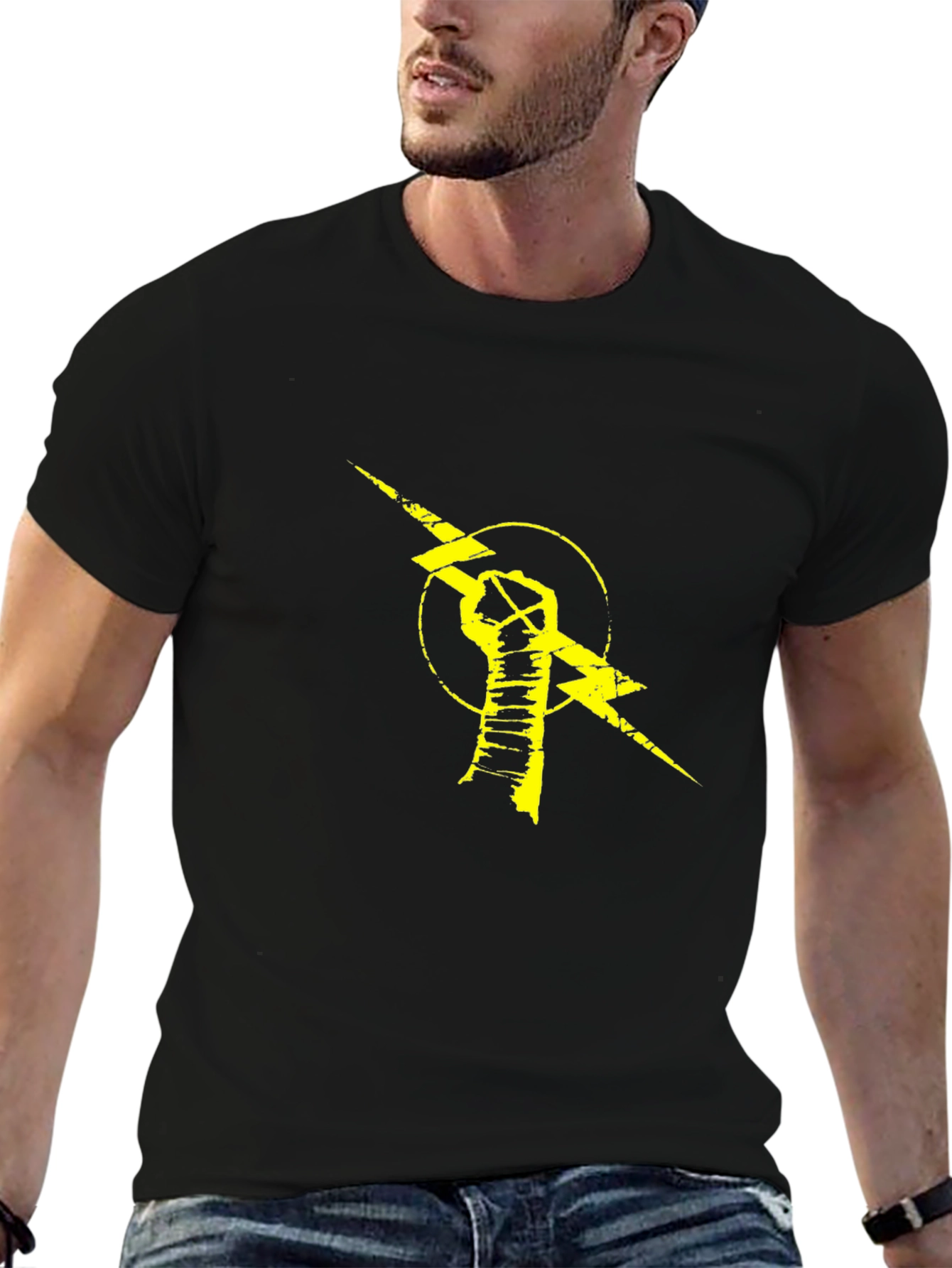 Black T-Shirt with Yellow Lightning Bolt Fist Graphic