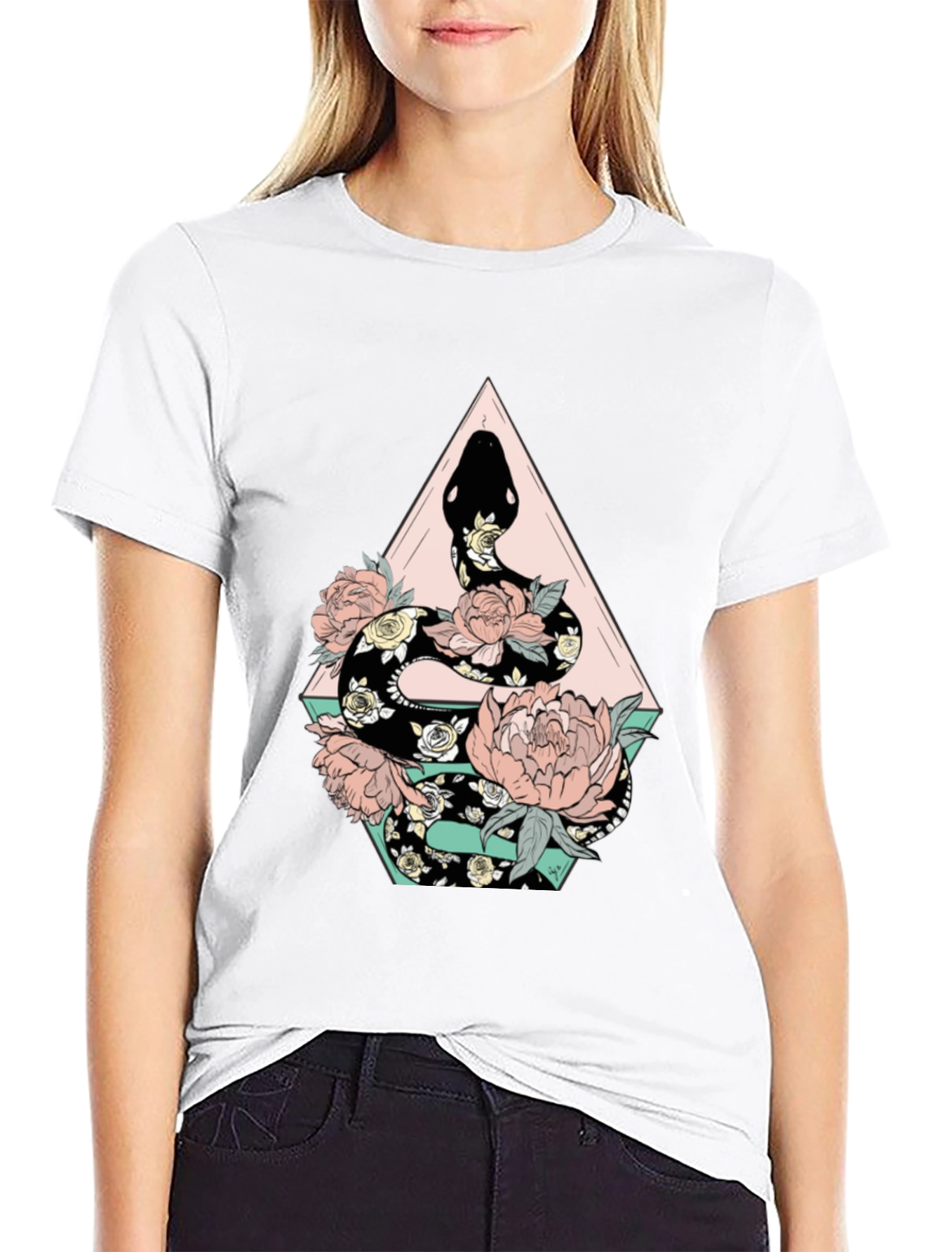 Floral Snake Graphic Tee - Stylish Black T-Shirt